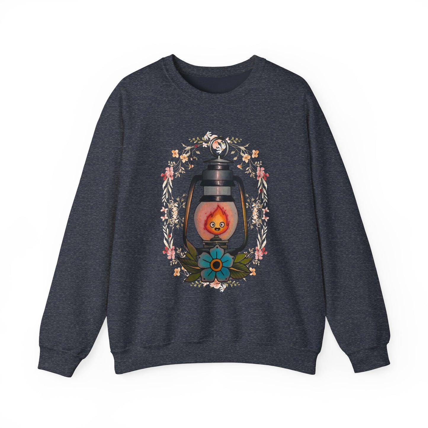 Calcifer Lamp Flowers Sweatshirt – Cozy 100% Cotton Howl’s Moving Castle Anime Pullover