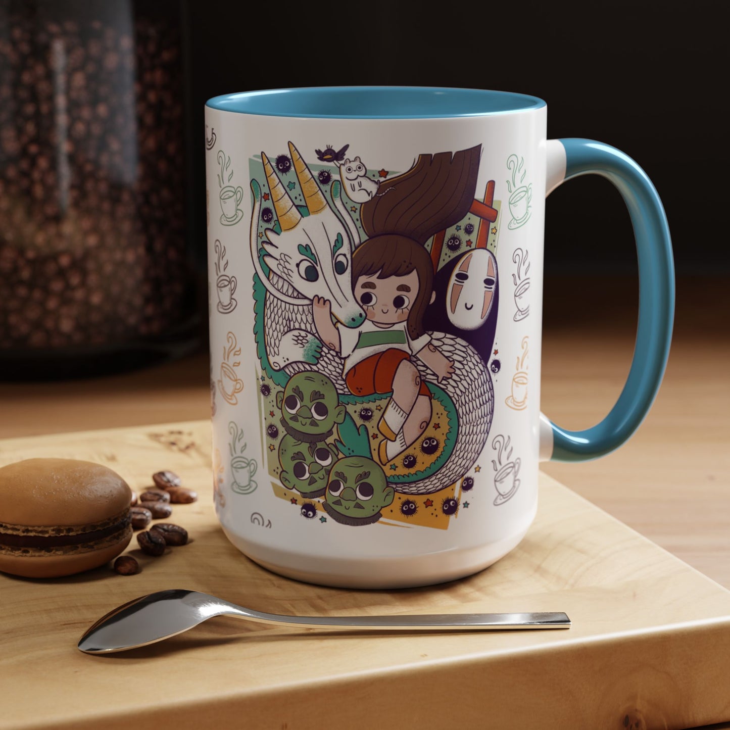 Spirited Away Accent Mug – Color Handle Anime Cup 11oz & 15oz – Studio Ghibli Coffee Mug Featuring Chihiro & No Face