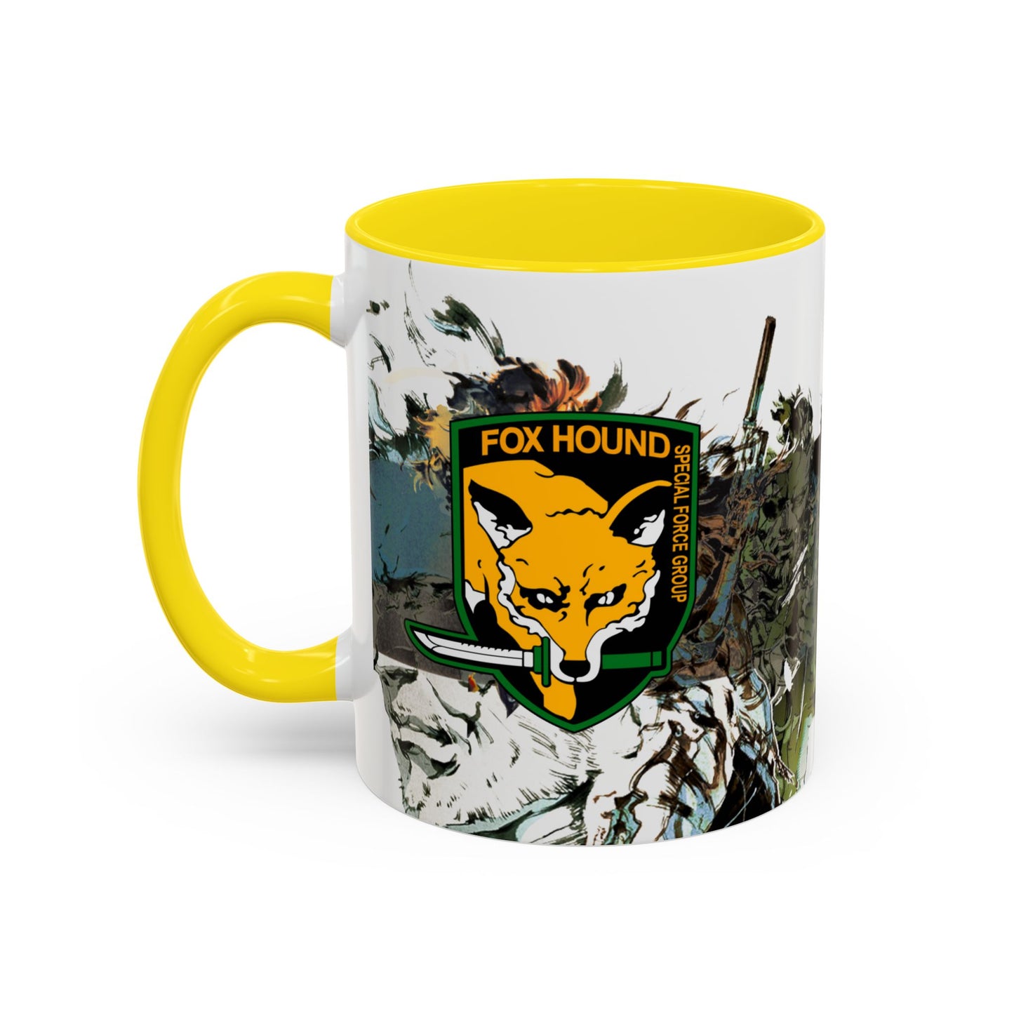 Metal Gear Fox Hound Accent Mug – 11oz & 15oz Colored Handle Coffee Cup – Tactical Gamer Gift for Fans