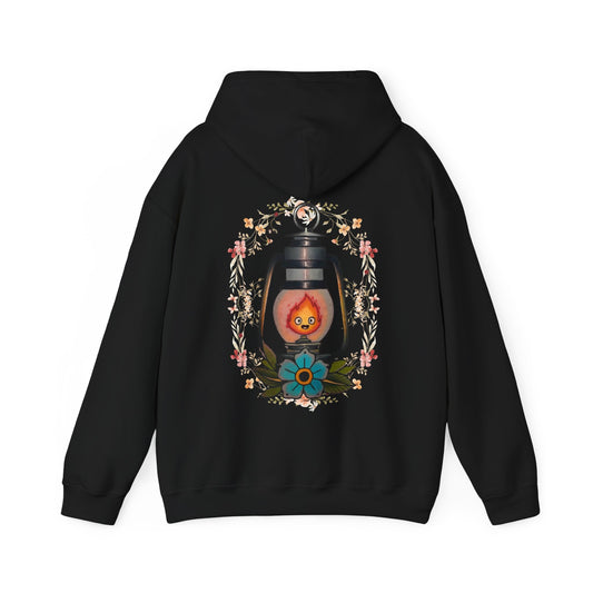 Calcifer Lamp Flowers Back Print Hoodie – 100% Cotton Studio Ghibli Inspired Sweatshirt