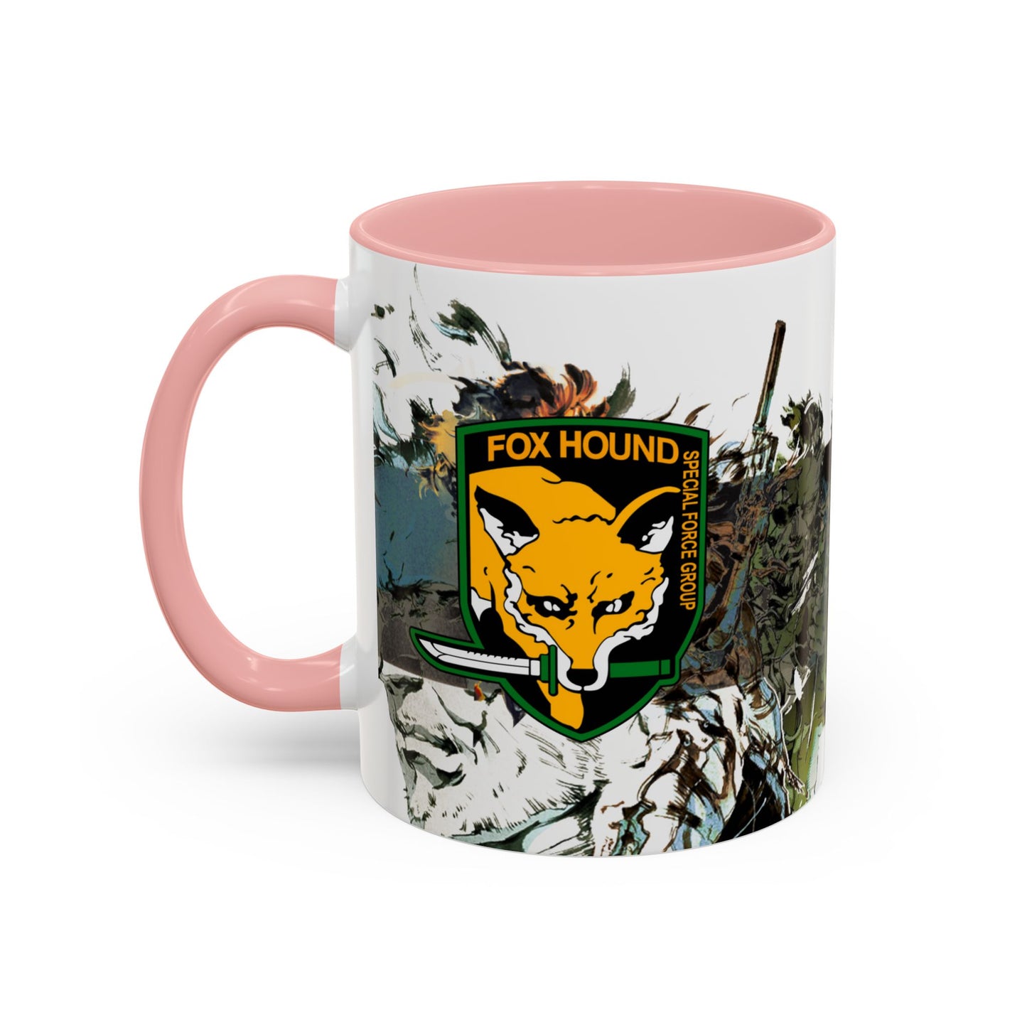 Metal Gear Fox Hound Accent Mug – 11oz & 15oz Colored Handle Coffee Cup – Tactical Gamer Gift for Fans