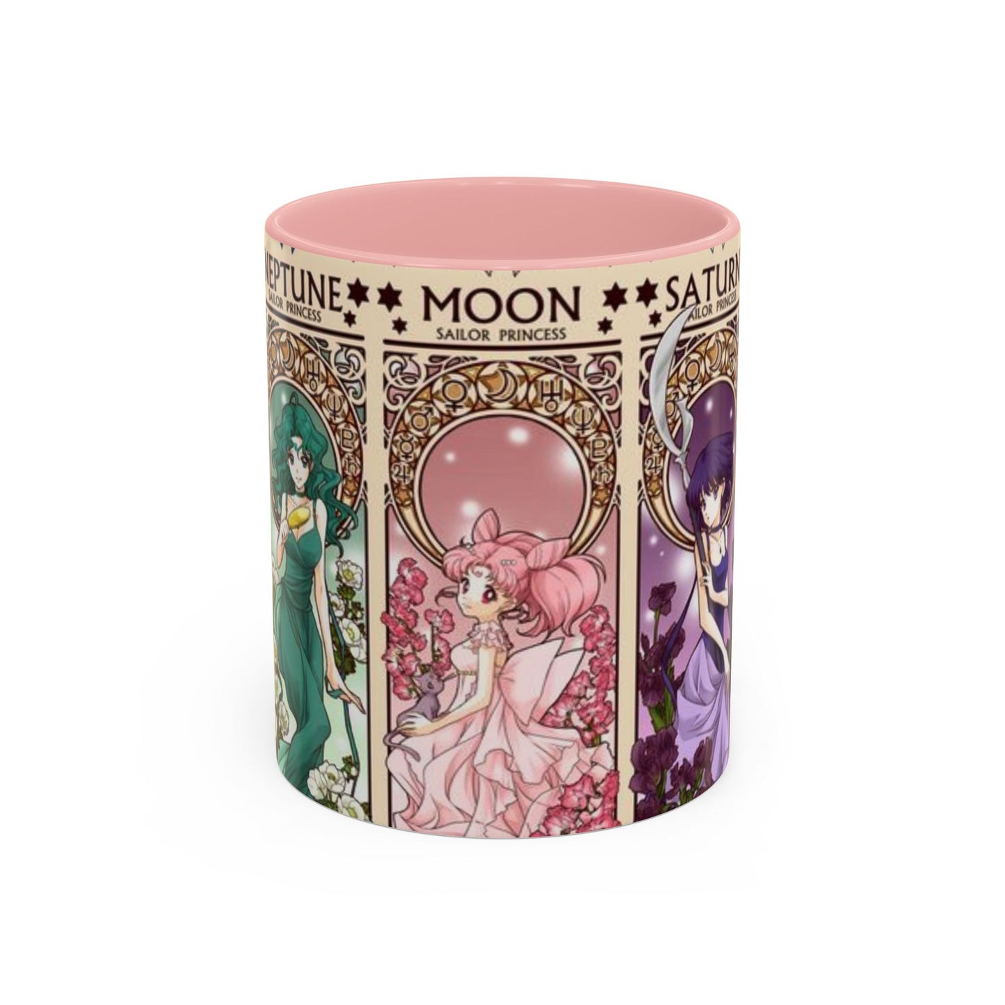 Sailor Moon Outer Guardians Accent Mug – Uranus Neptune Pluto Saturn – Color Handle Anime Cup 11oz 15oz