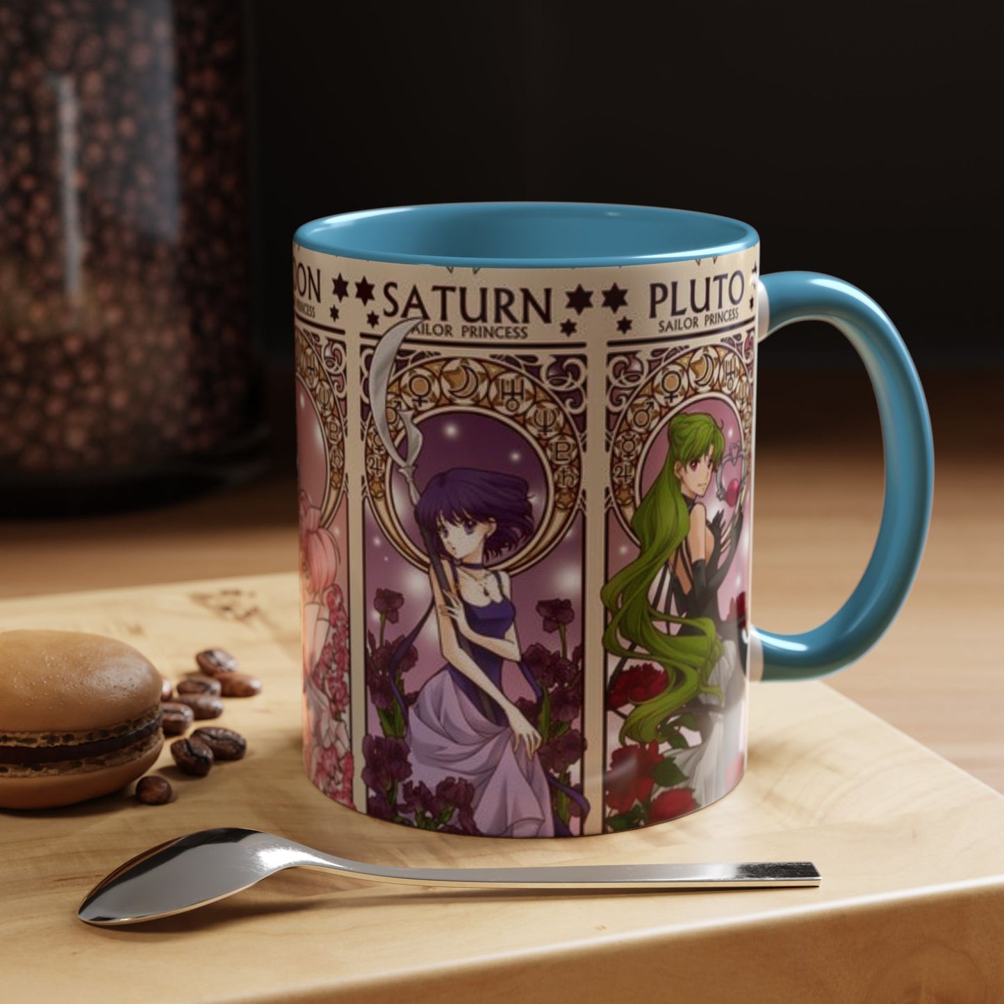 Sailor Moon Outer Guardians Accent Mug – Uranus Neptune Pluto Saturn – Color Handle Anime Cup 11oz 15oz