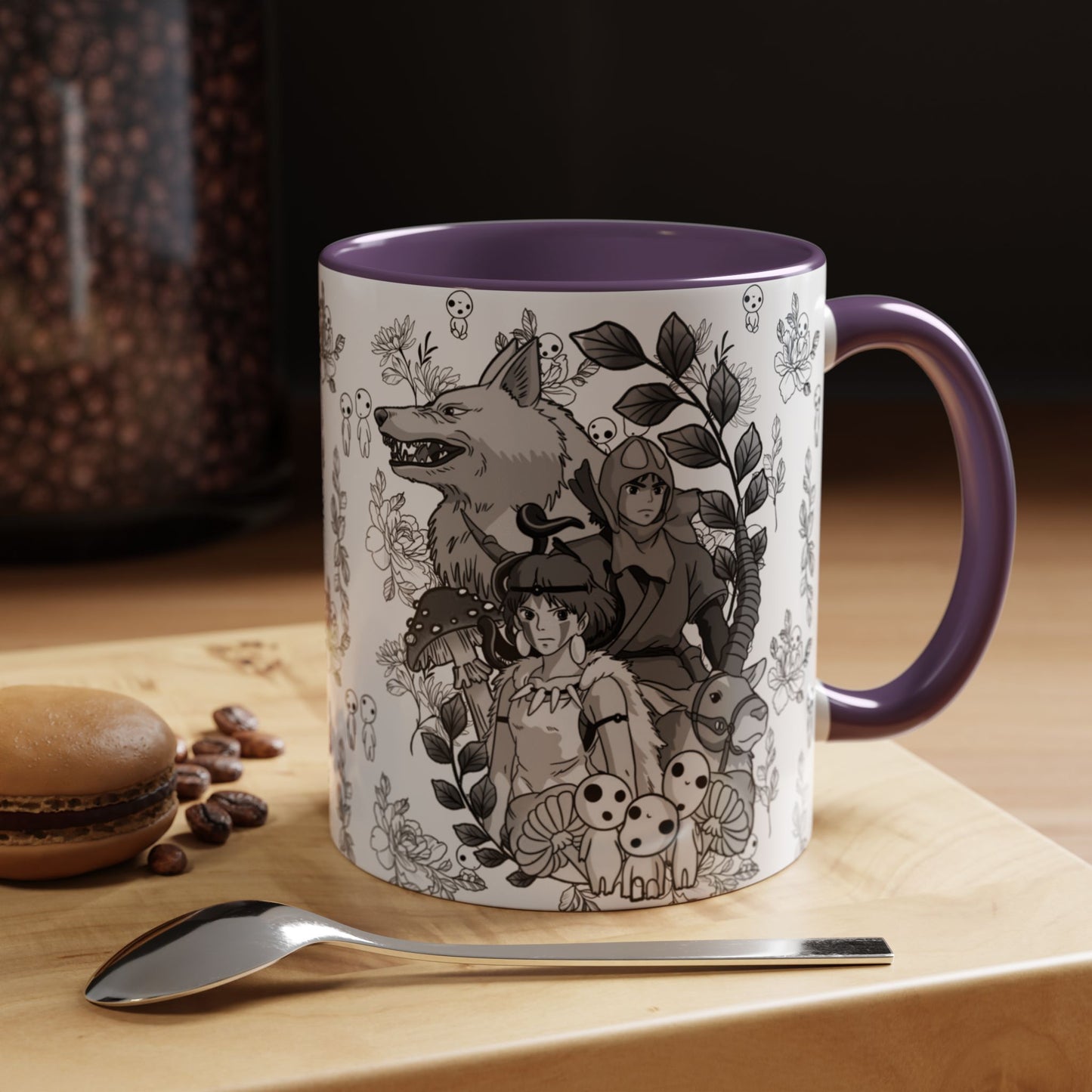 Princess Mononoke Black and White Accent Mug – Studio Ghibli Coffee Cup with Colored Handle – 11oz & 15oz Ceramic Anime Gift
