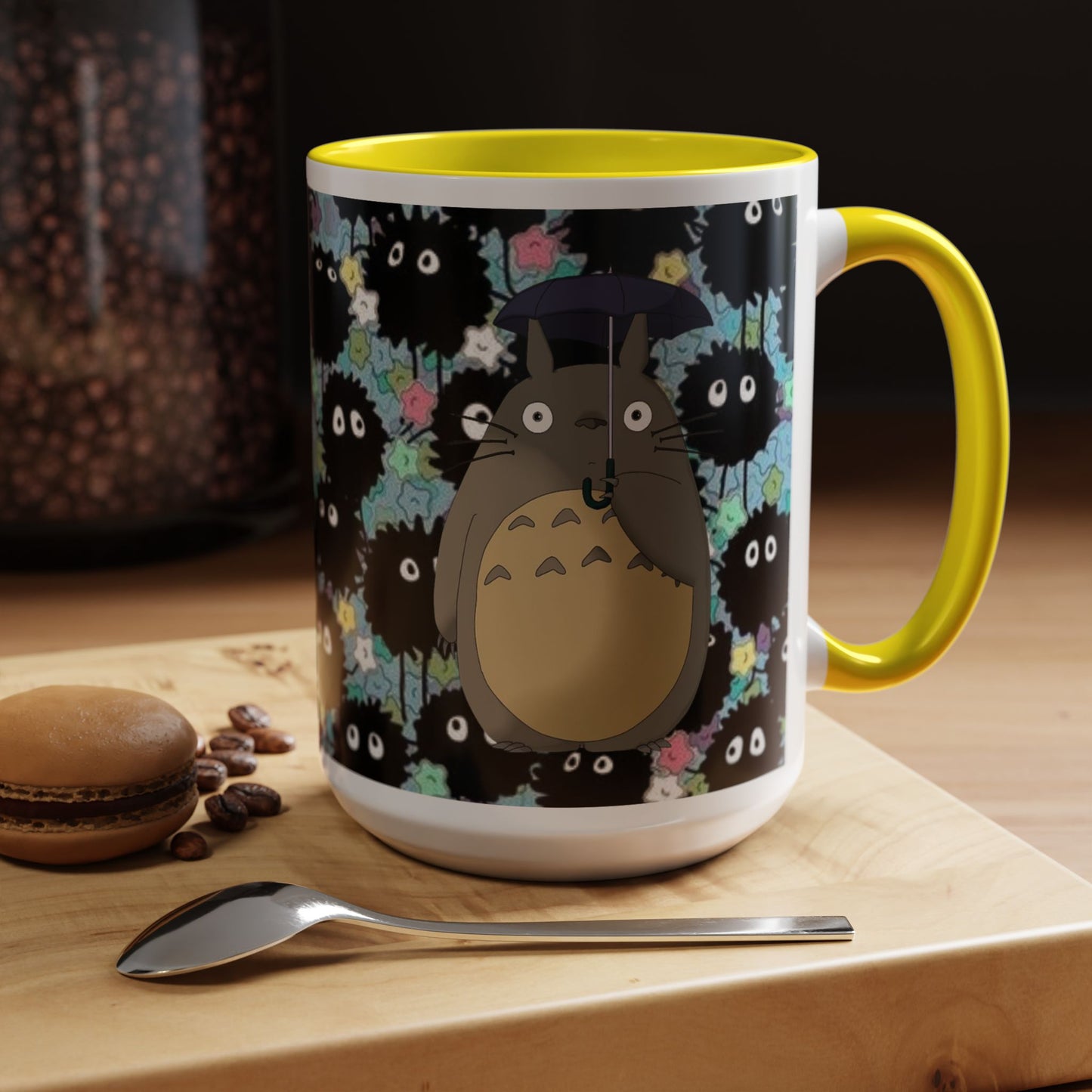 Totoro & Soot Sprites Accent Mug – Studio Ghibli Color Handle Cup – 11oz & 15oz Ceramic Anime Gift