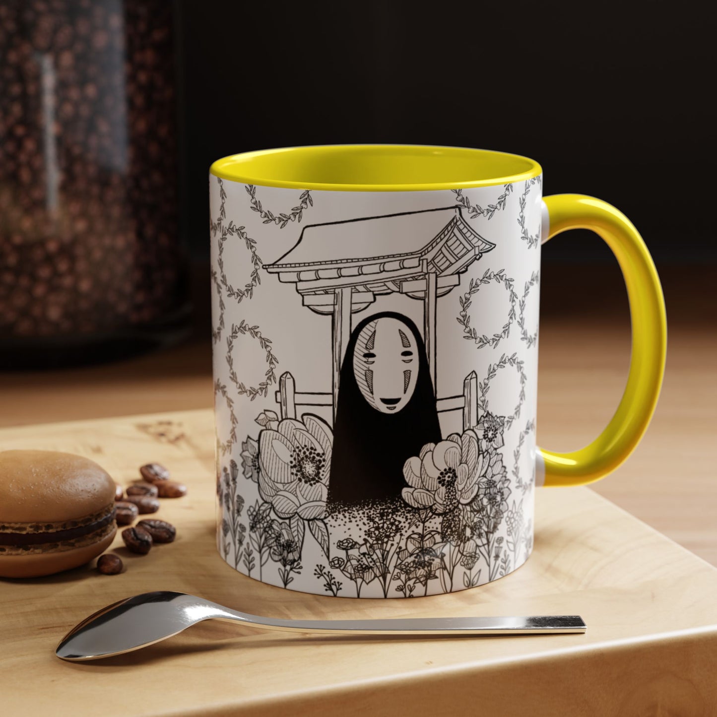No Face Flowers Accent Mug – Studio Ghibli Inspired Coffee Cup – 11oz & 15oz Ceramic Anime Gift