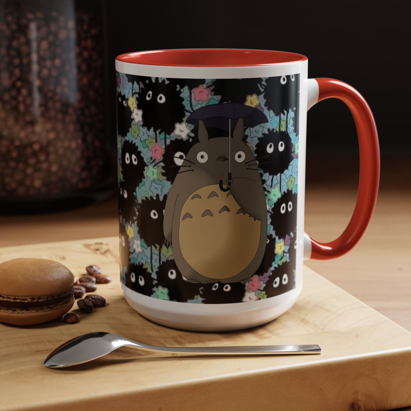Totoro & Soot Sprites Accent Mug – Studio Ghibli Color Handle Cup – 11oz & 15oz Ceramic Anime Gift