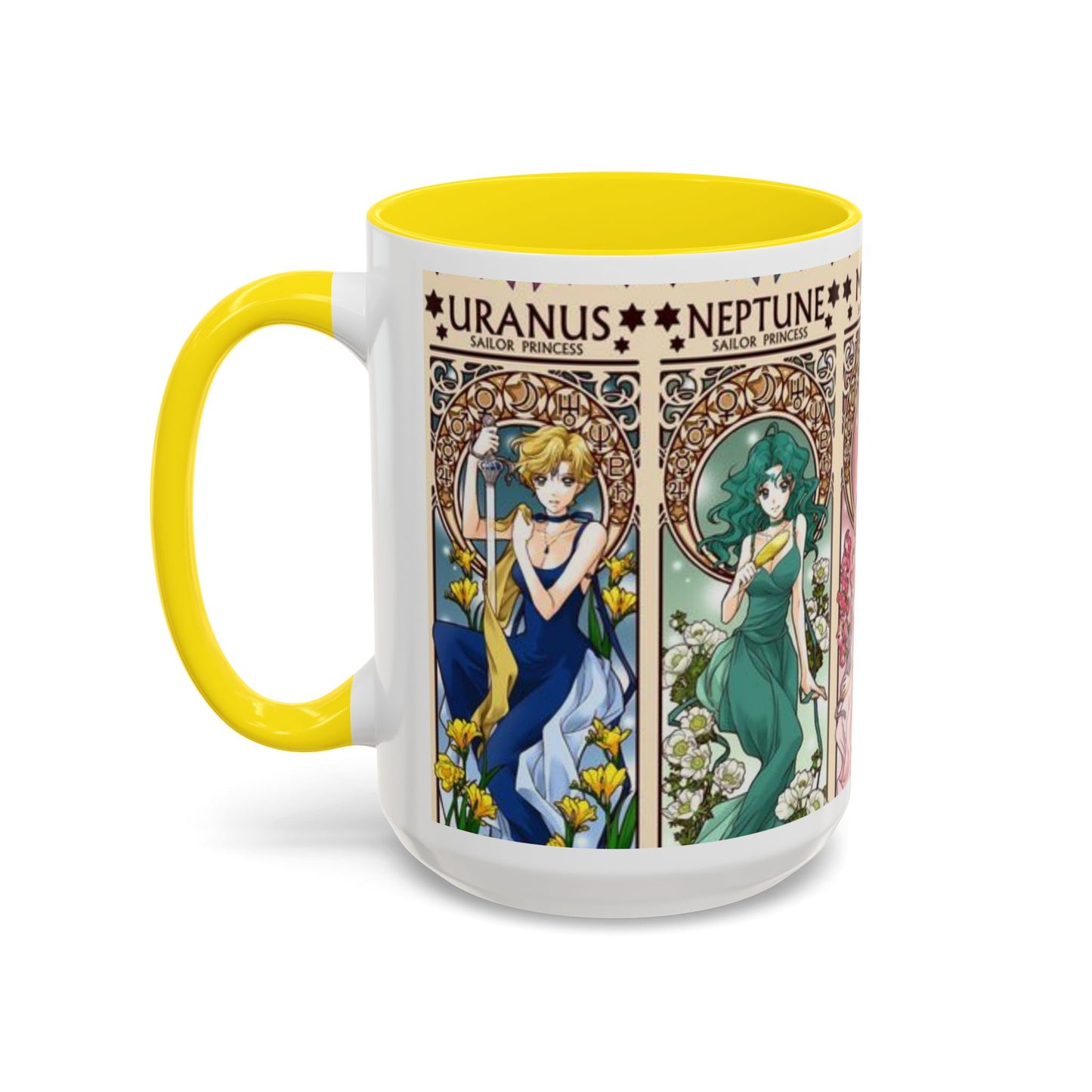 Sailor Moon Outer Guardians Accent Mug – Uranus Neptune Pluto Saturn – Color Handle Anime Cup 11oz 15oz
