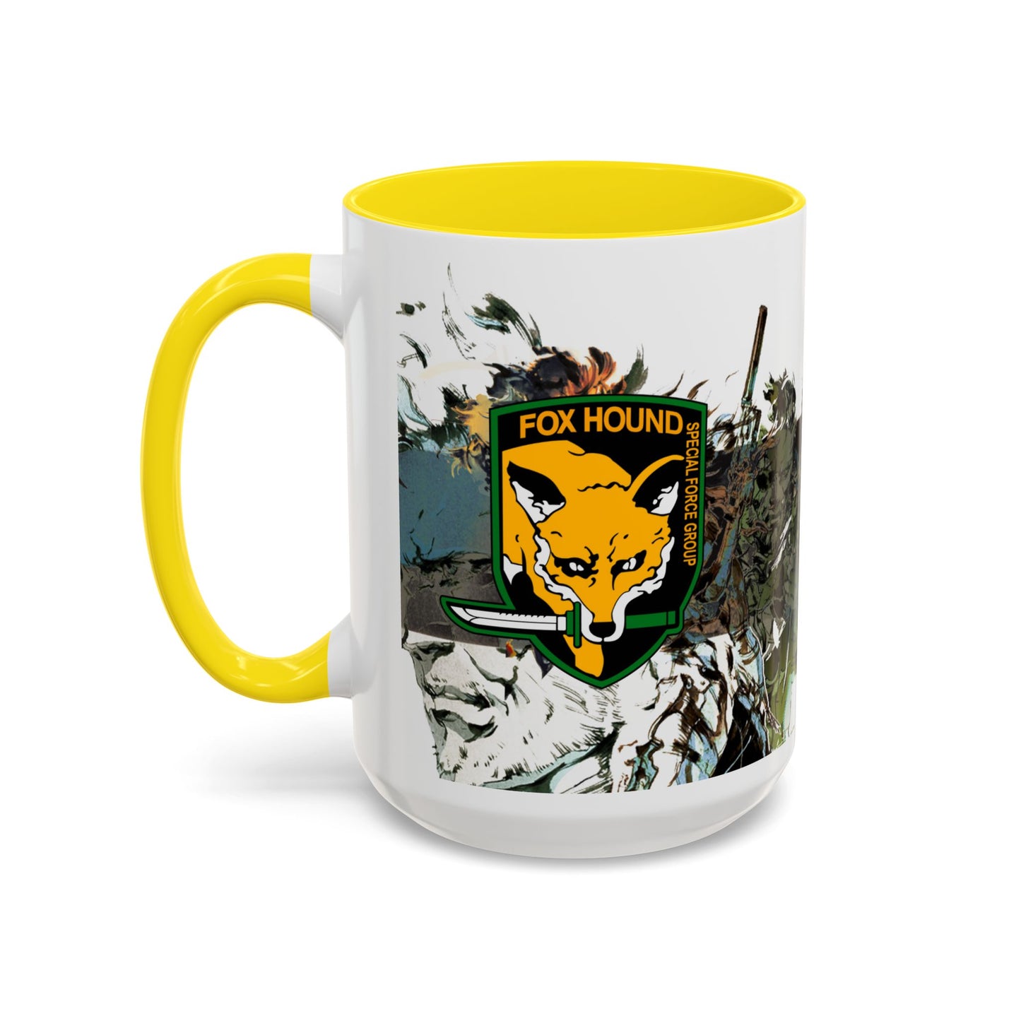 Metal Gear Fox Hound Accent Mug – 11oz & 15oz Colored Handle Coffee Cup – Tactical Gamer Gift for Fans