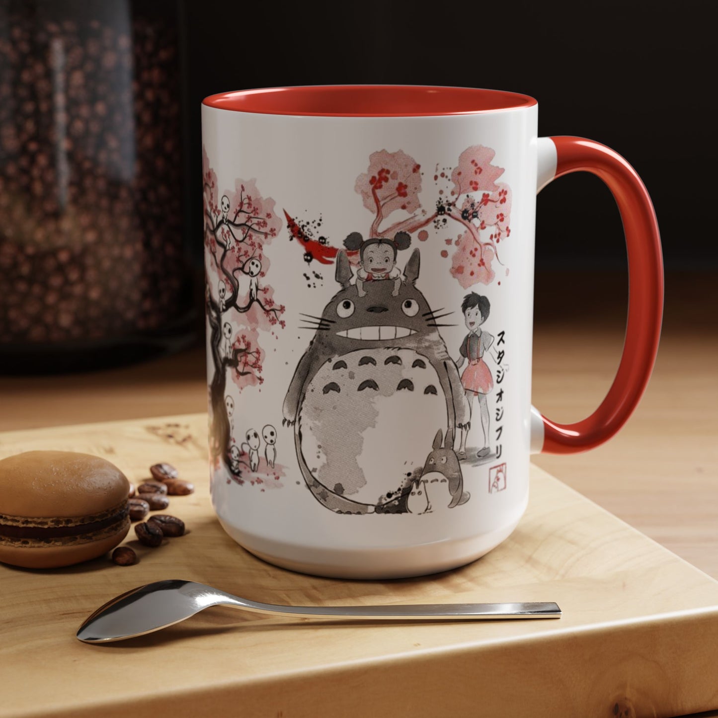 Totoro Sakura Forest Accent Mug – Color Handle Anime Cup 11oz & 15oz – Studio Ghibli Aesthetic Gift