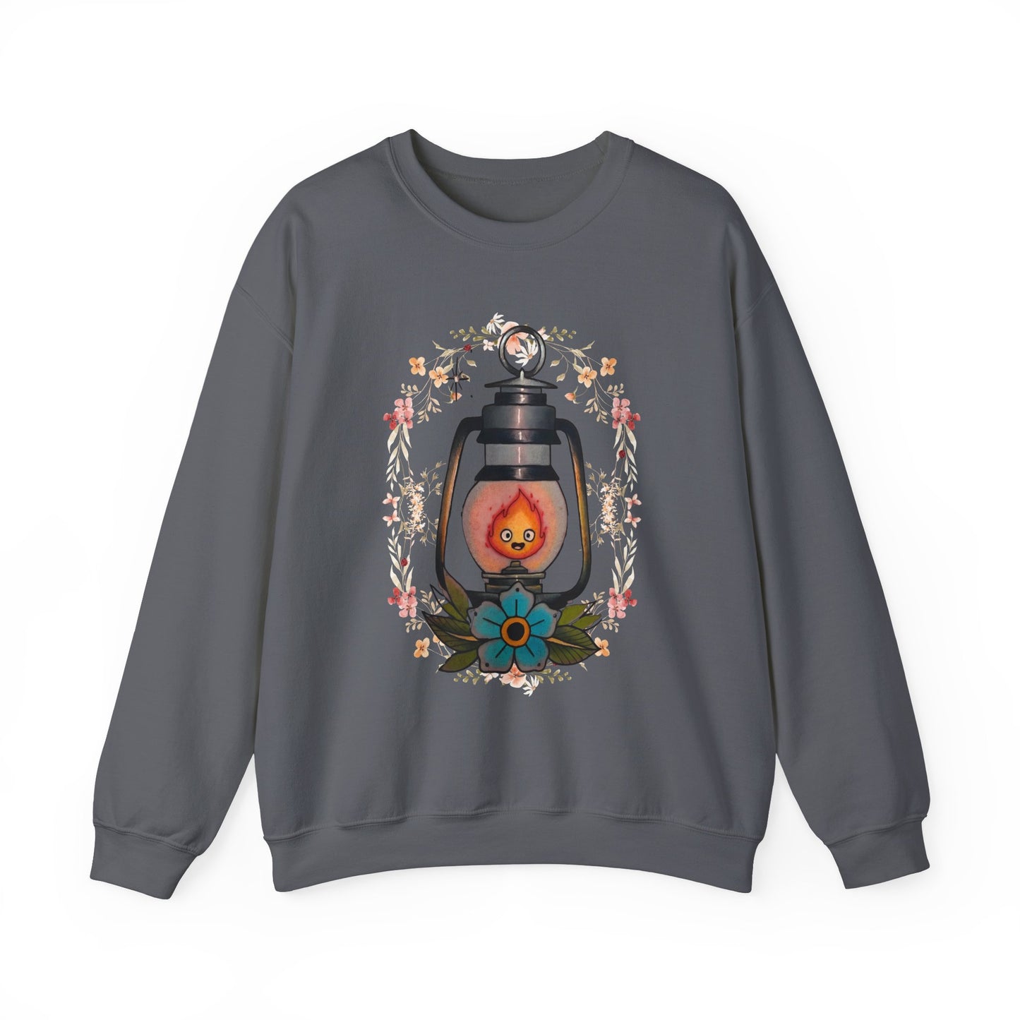 Calcifer Lamp Flowers Sweatshirt – Cozy 100% Cotton Howl’s Moving Castle Anime Pullover