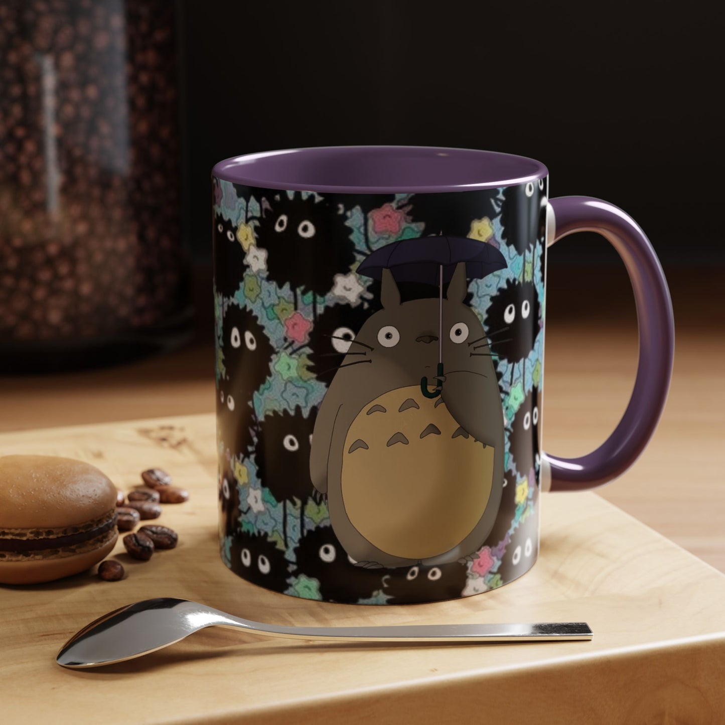 Totoro & Soot Sprites Accent Mug – Studio Ghibli Color Handle Cup – 11oz & 15oz Ceramic Anime Gift