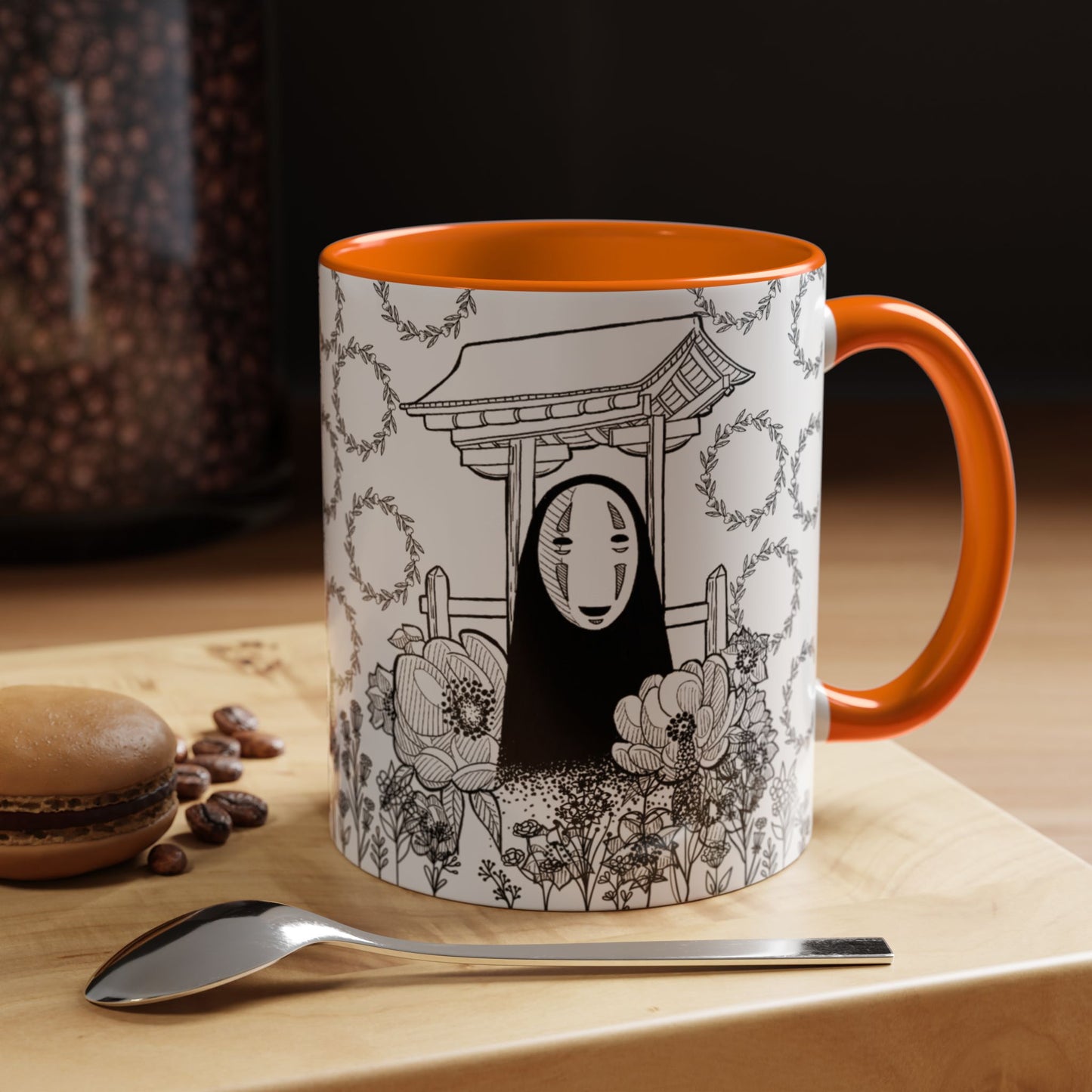 No Face Flowers Accent Mug – Studio Ghibli Inspired Coffee Cup – 11oz & 15oz Ceramic Anime Gift