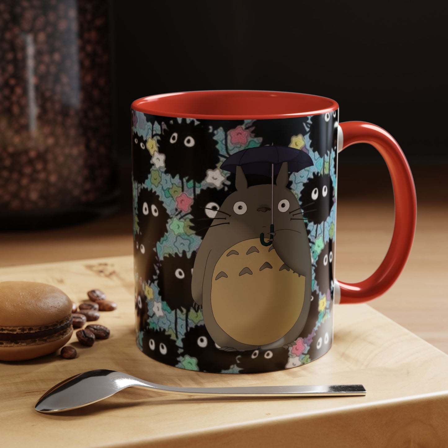 Totoro & Soot Sprites Accent Mug – Studio Ghibli Color Handle Cup – 11oz & 15oz Ceramic Anime Gift