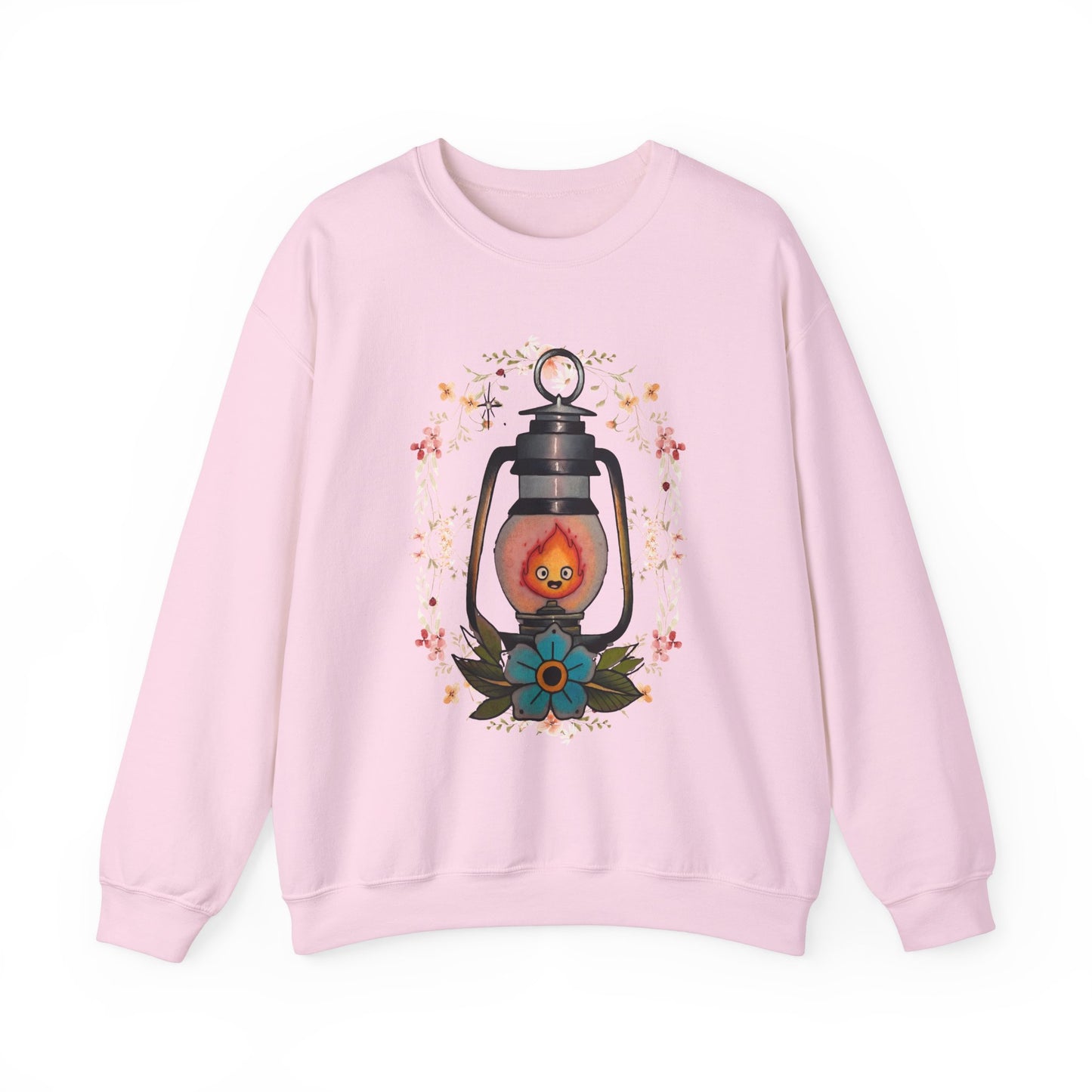 Calcifer Lamp Flowers Sweatshirt – Cozy 100% Cotton Howl’s Moving Castle Anime Pullover