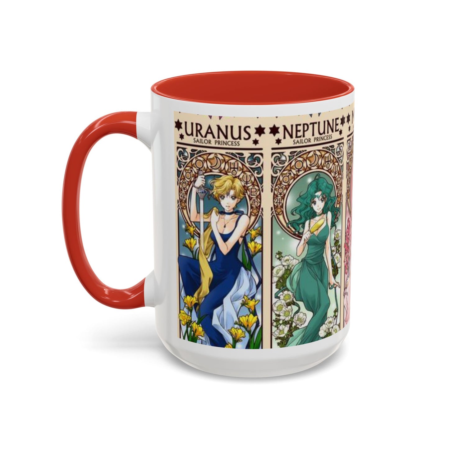 Sailor Moon Outer Guardians Accent Mug – Uranus Neptune Pluto Saturn – Color Handle Anime Cup 11oz 15oz