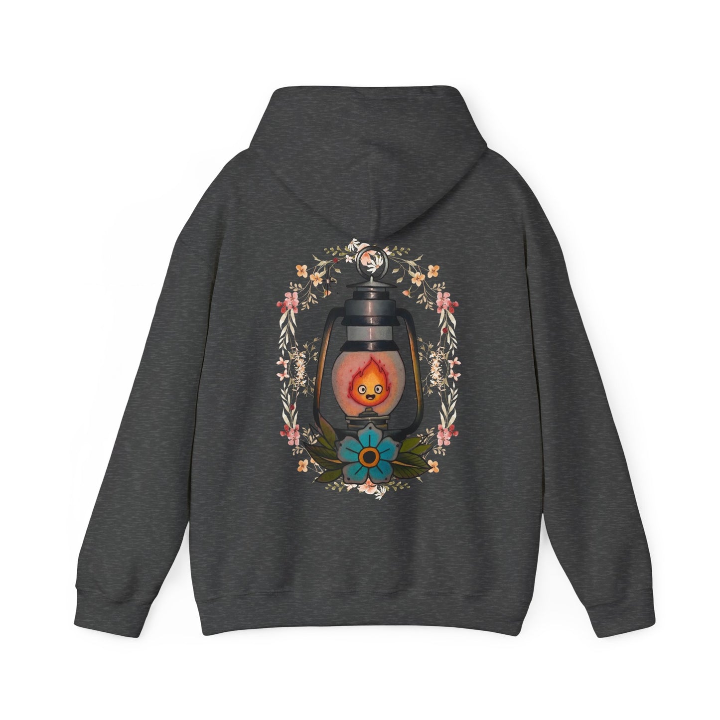 Calcifer Lamp Flowers Back Print Hoodie – 100% Cotton Studio Ghibli Inspired Sweatshirt