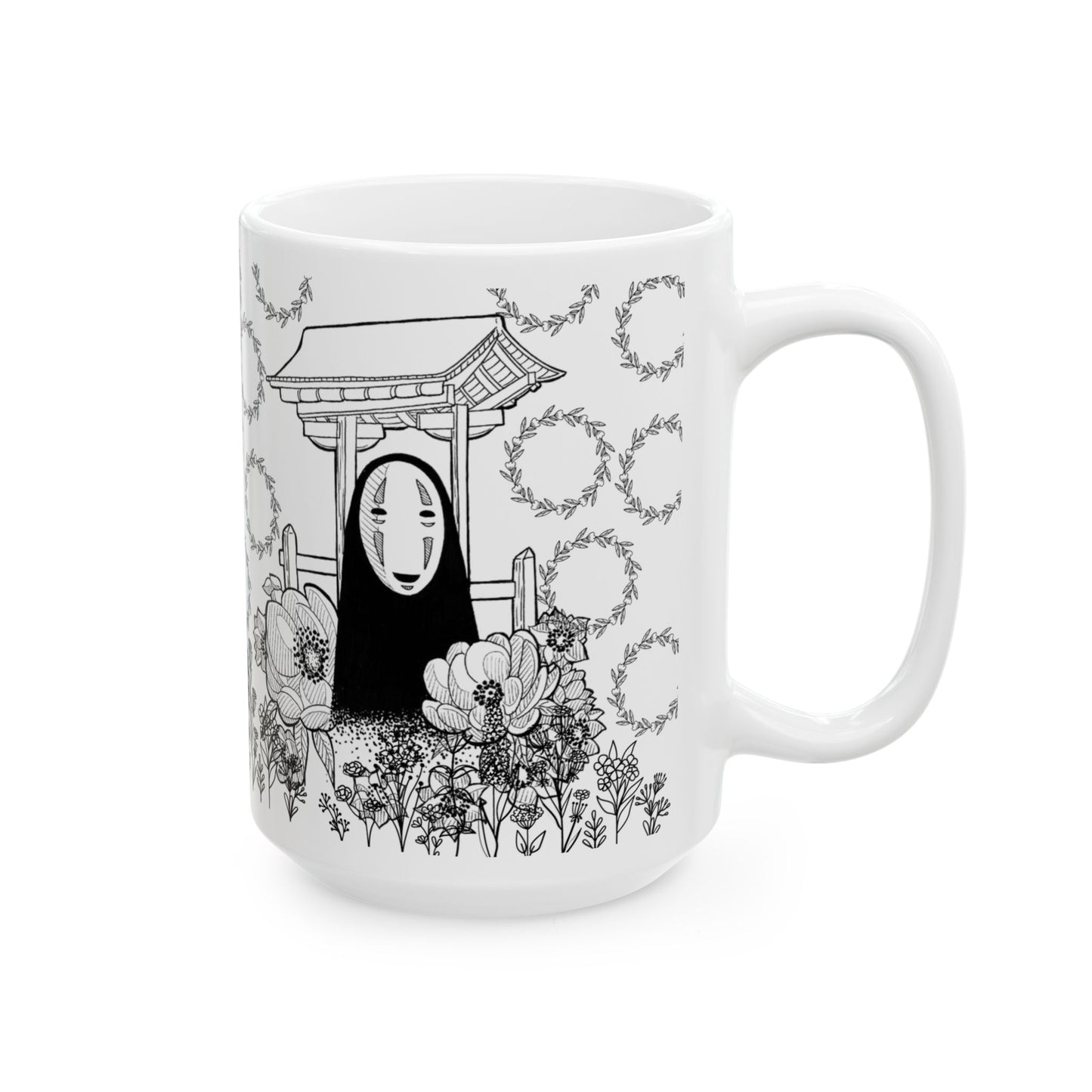 No Face Flowers Mug – Studio Ghibli Inspired Ceramic Cup – 11oz & 15oz Anime Coffee Mug Gift