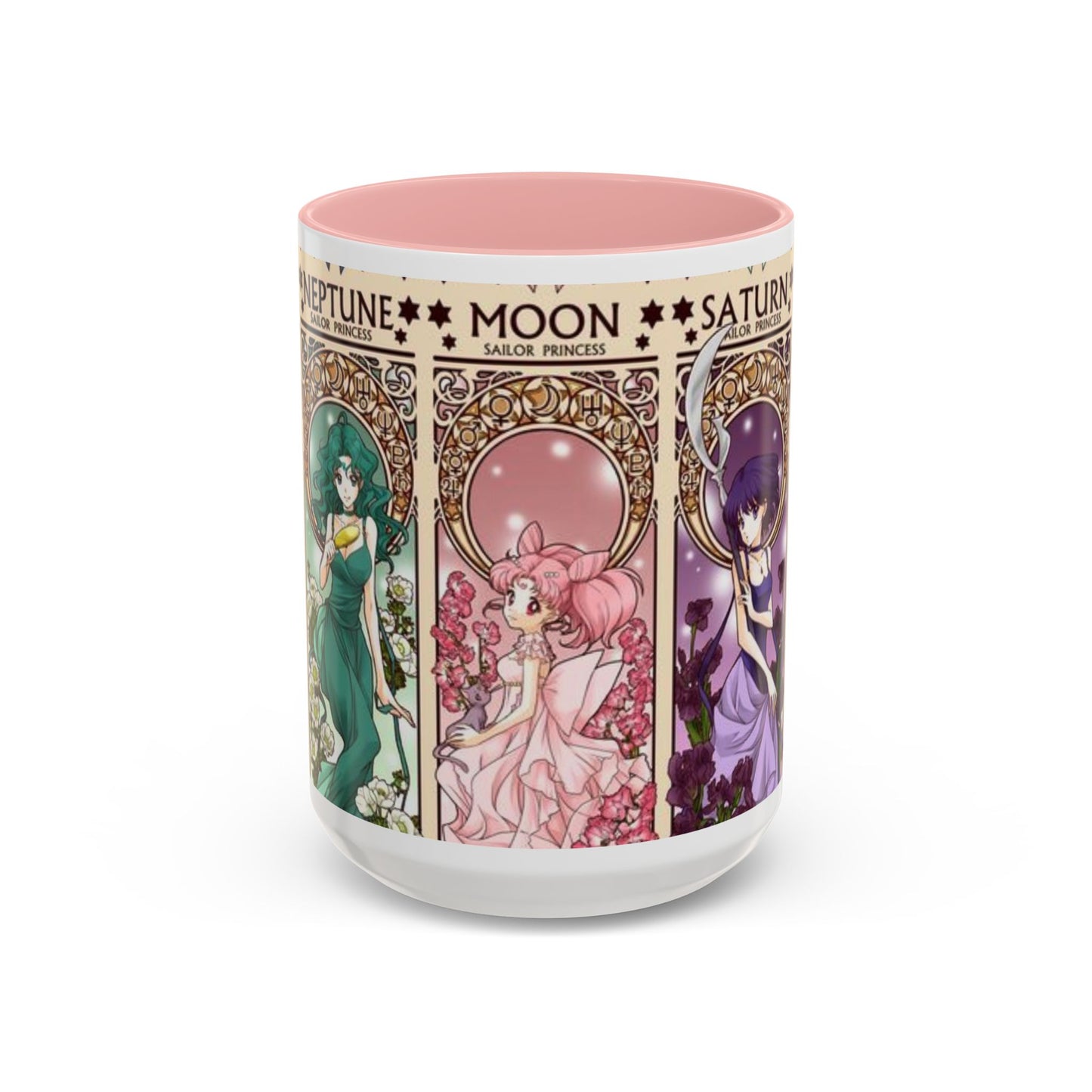 Sailor Moon Outer Guardians Accent Mug – Uranus Neptune Pluto Saturn – Color Handle Anime Cup 11oz 15oz