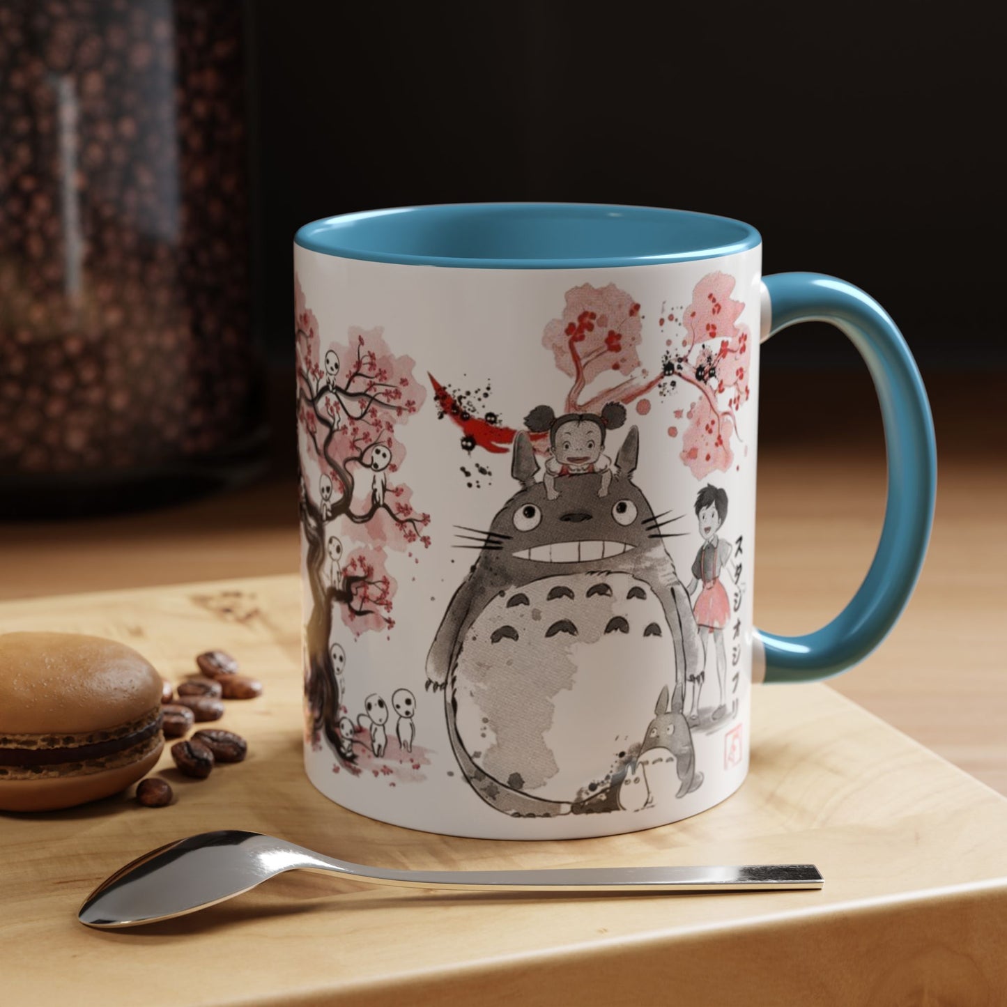 Totoro Sakura Forest Accent Mug – Color Handle Anime Cup 11oz & 15oz – Studio Ghibli Aesthetic Gift