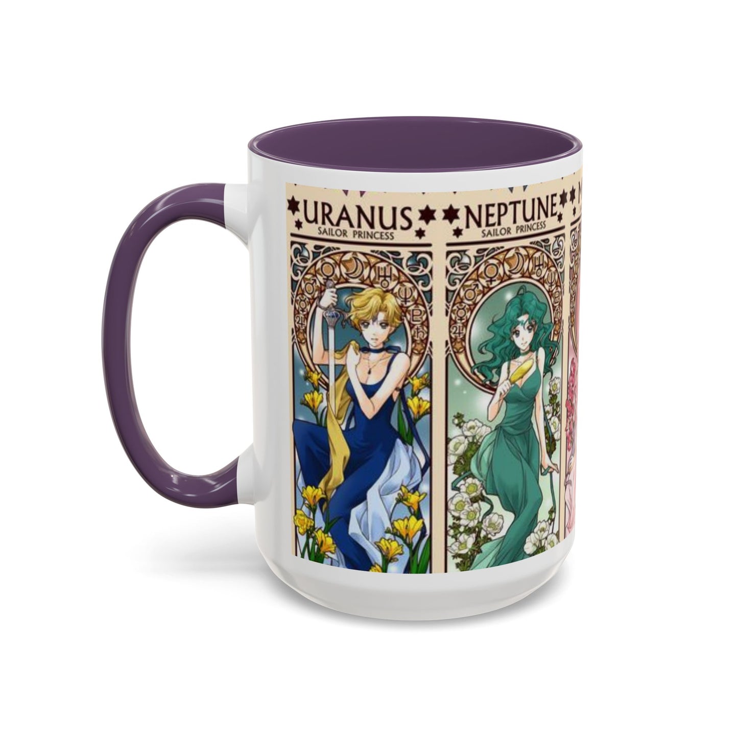 Sailor Moon Outer Guardians Accent Mug – Uranus Neptune Pluto Saturn – Color Handle Anime Cup 11oz 15oz