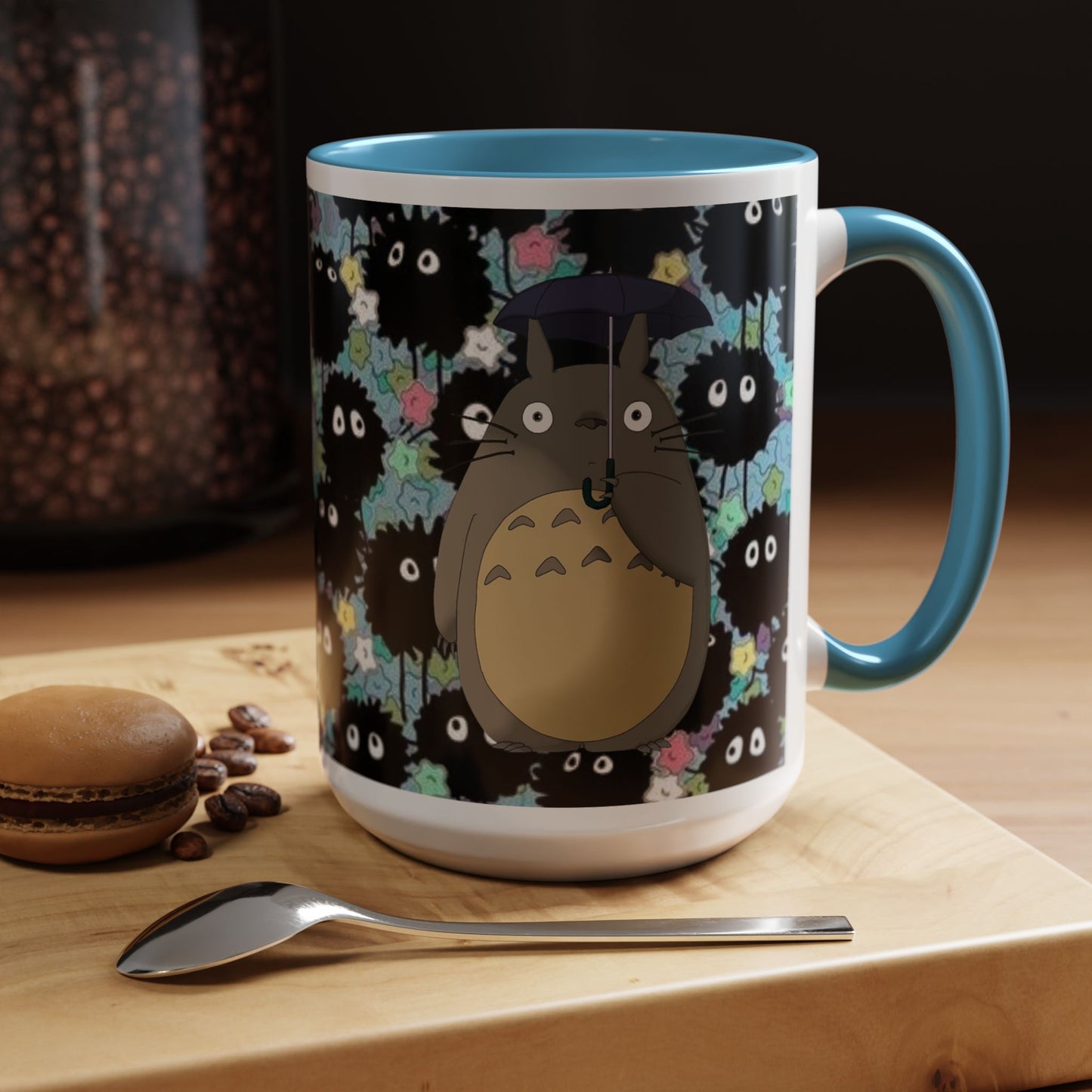 Totoro & Soot Sprites Accent Mug – Studio Ghibli Color Handle Cup – 11oz & 15oz Ceramic Anime Gift