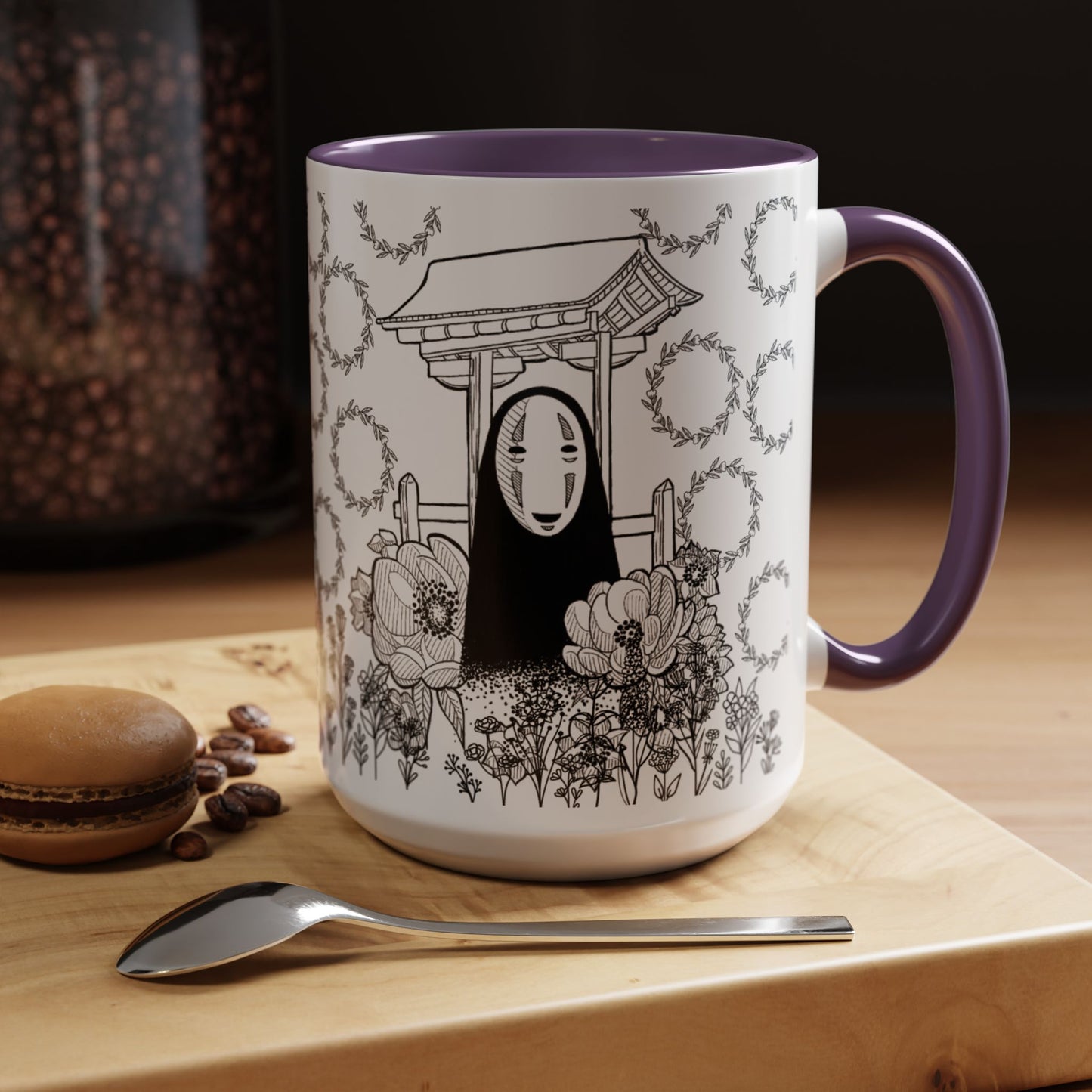 No Face Flowers Accent Mug – Studio Ghibli Inspired Coffee Cup – 11oz & 15oz Ceramic Anime Gift