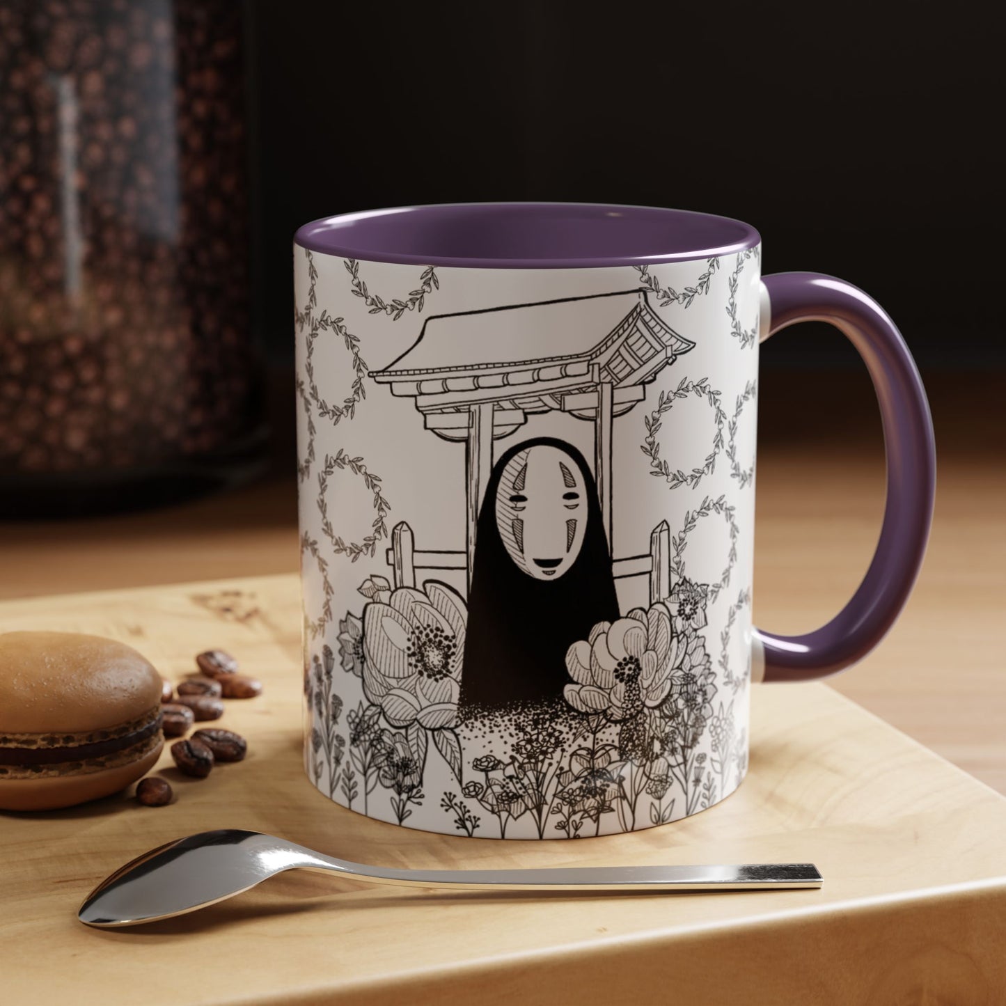 No Face Flowers Accent Mug – Studio Ghibli Inspired Coffee Cup – 11oz & 15oz Ceramic Anime Gift