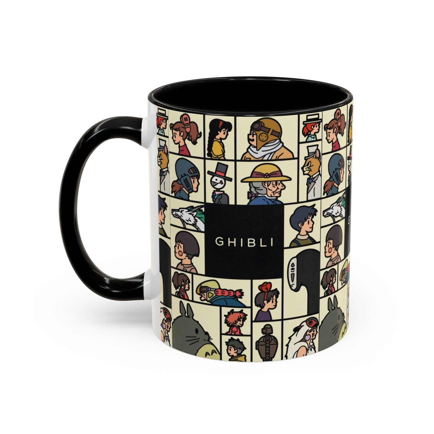 Studio Ghibli Characters Sketch Accent Mug – 11oz & 15oz Anime Coffee Cup with Color Handle