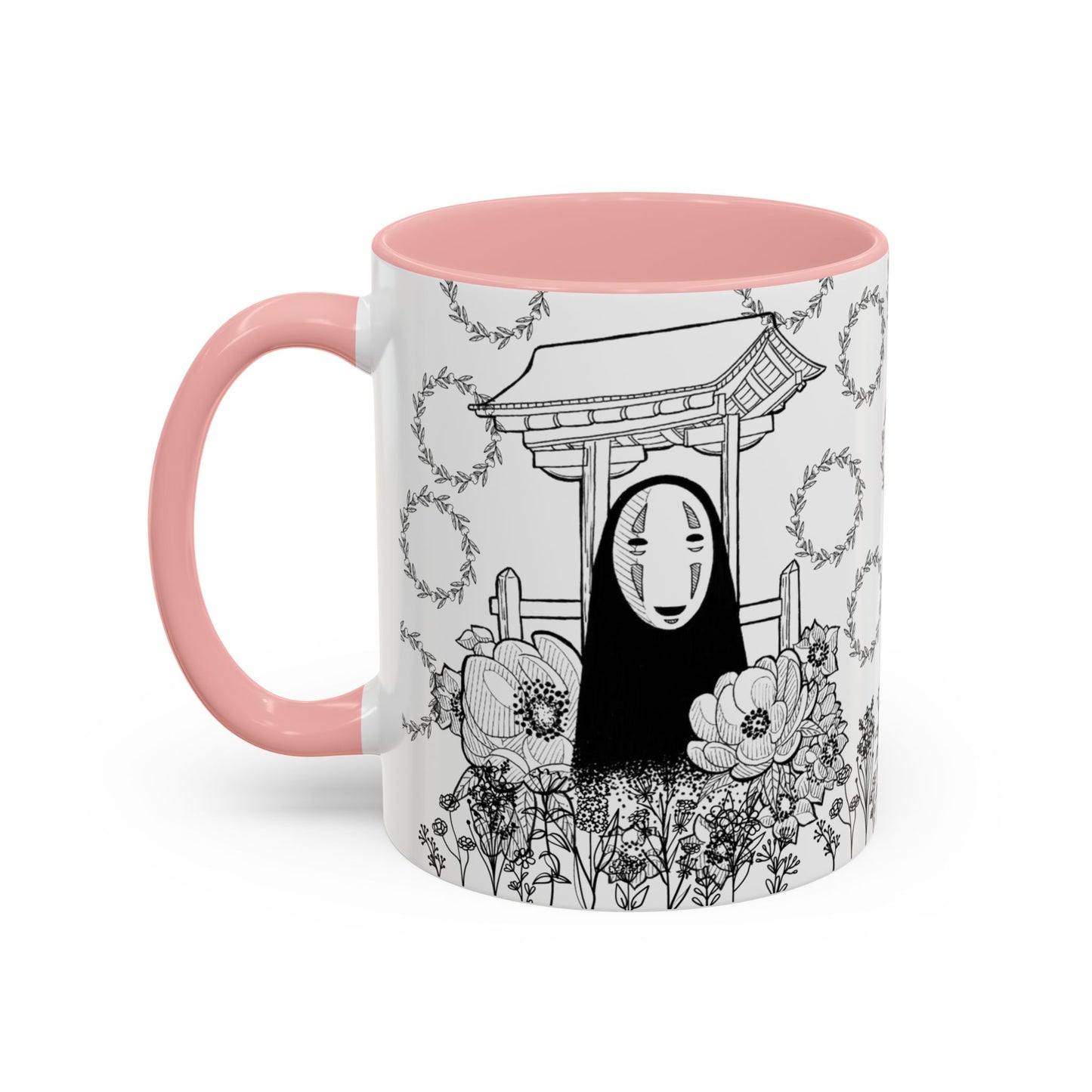 No Face Flowers Accent Mug – Studio Ghibli Inspired Coffee Cup – 11oz & 15oz Ceramic Anime Gift