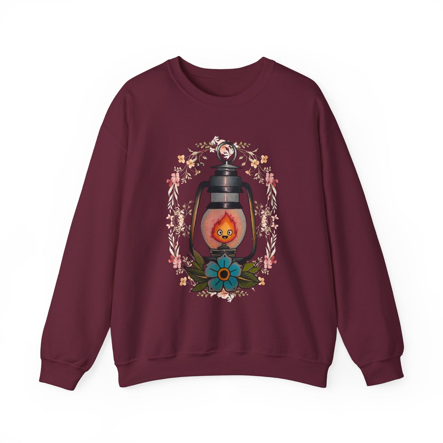 Calcifer Lamp Flowers Sweatshirt – Cozy 100% Cotton Howl’s Moving Castle Anime Pullover