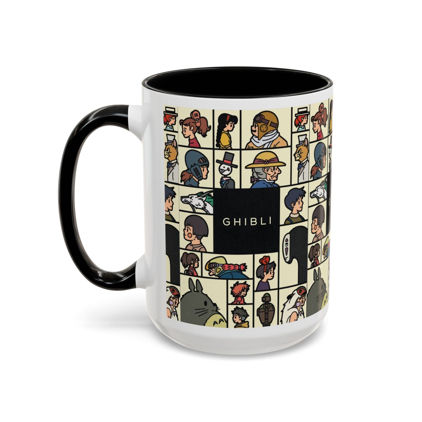 Studio Ghibli Characters Sketch Accent Mug – 11oz & 15oz Anime Coffee Cup with Color Handle