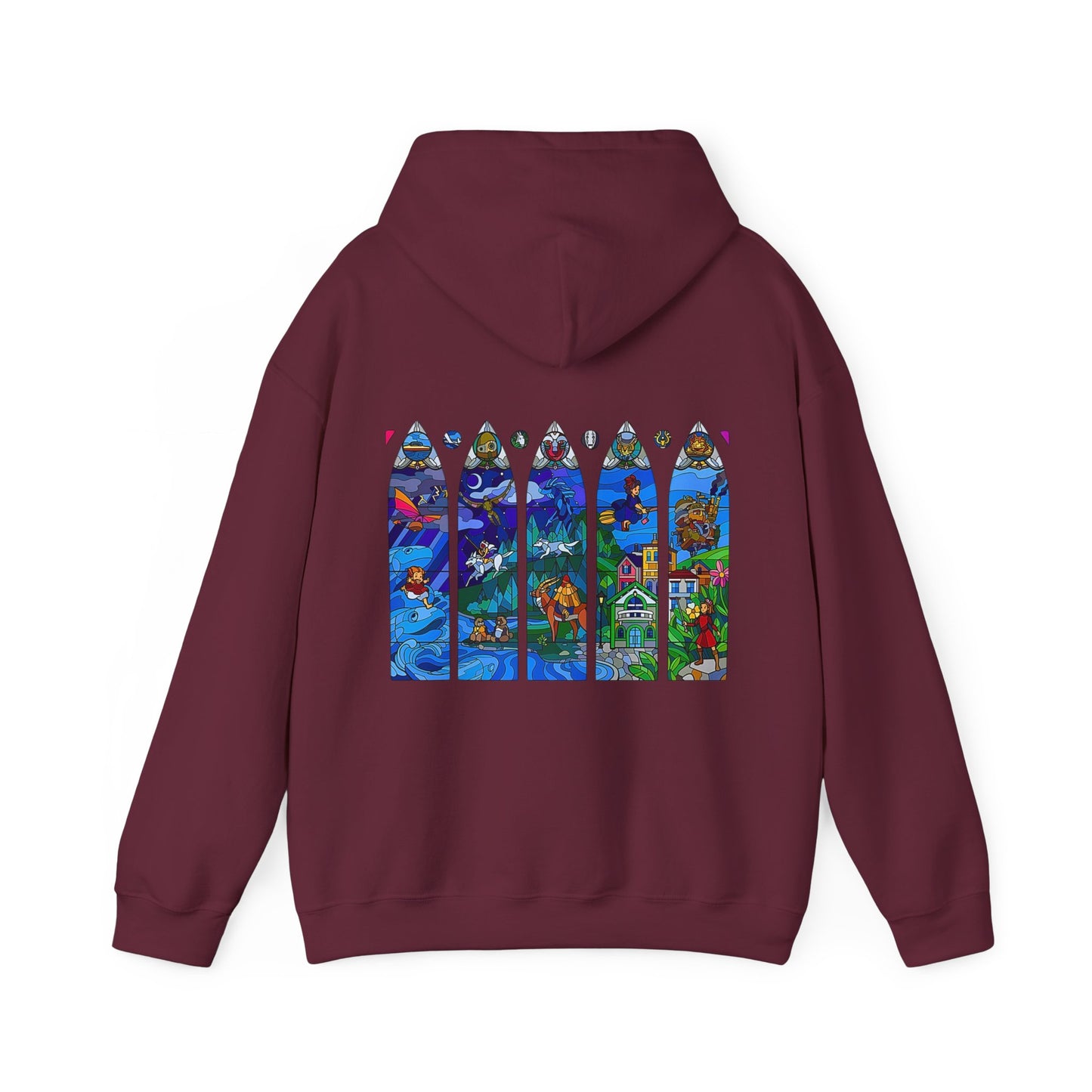 Studio Ghibli Stained Glass Back Print Hoodie – 100% Cotton Anime Hoodie with Vitral-Inspired Design