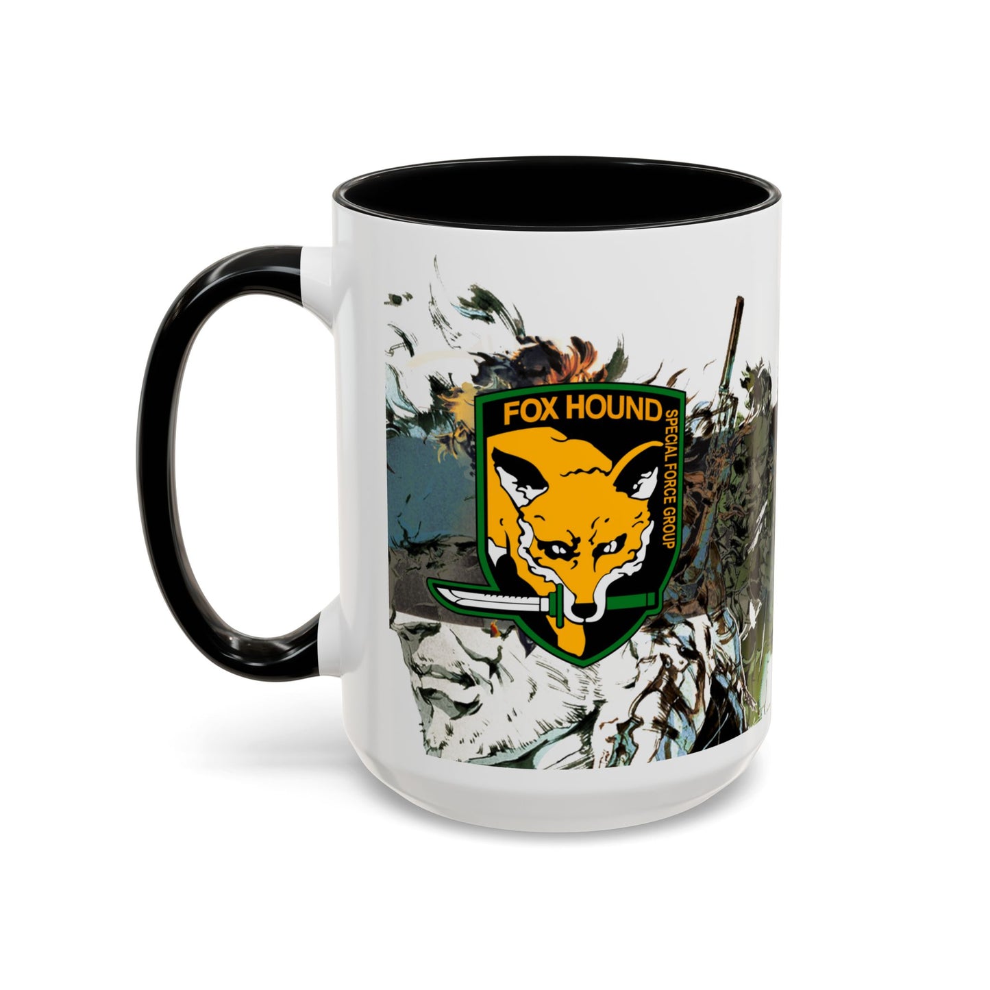 Metal Gear Fox Hound Accent Mug – 11oz & 15oz Colored Handle Coffee Cup – Tactical Gamer Gift for Fans