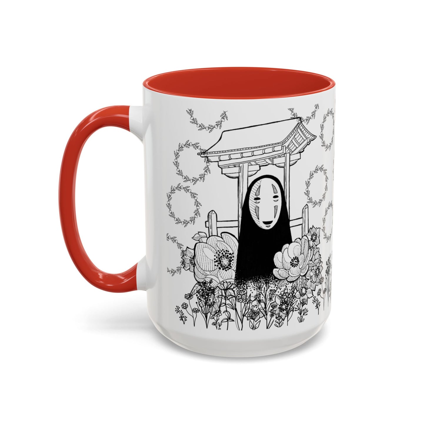 No Face Flowers Accent Mug – Studio Ghibli Inspired Coffee Cup – 11oz & 15oz Ceramic Anime Gift