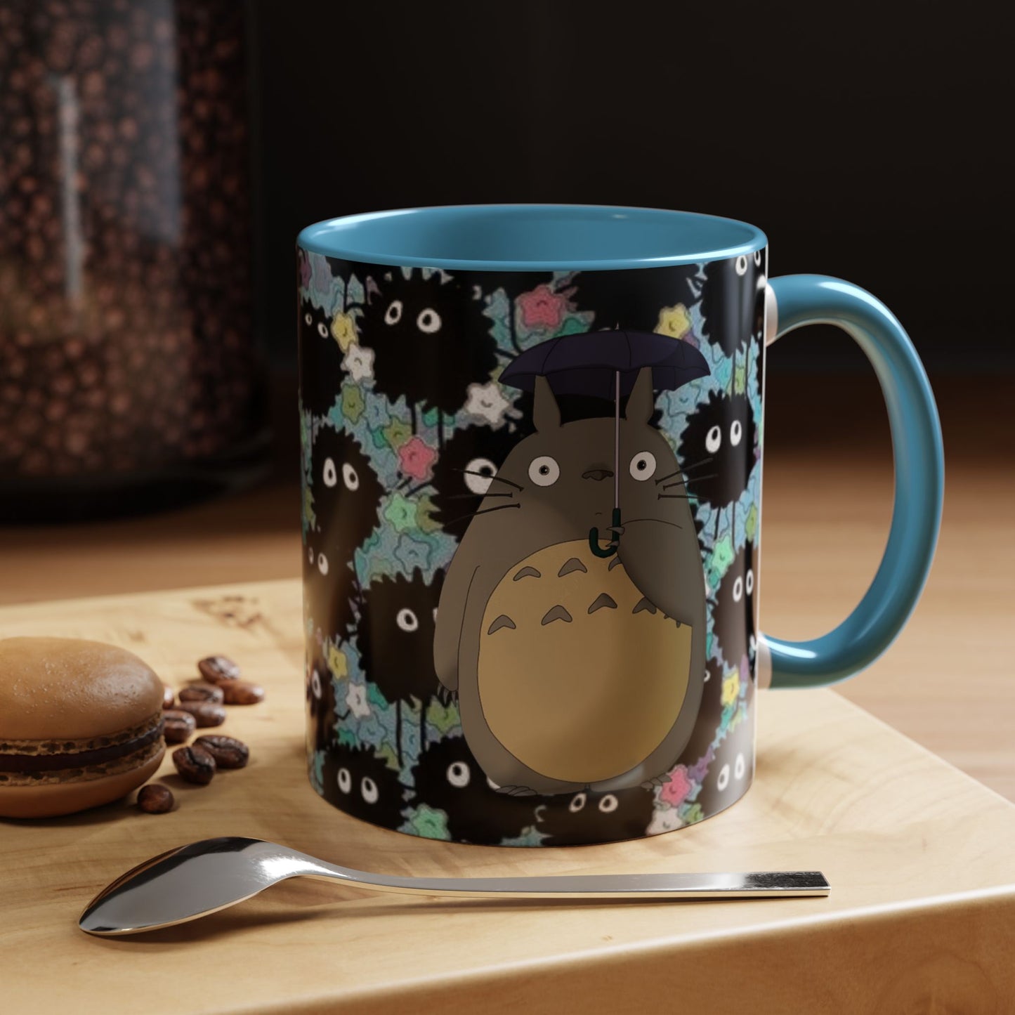Totoro & Soot Sprites Accent Mug – Studio Ghibli Color Handle Cup – 11oz & 15oz Ceramic Anime Gift