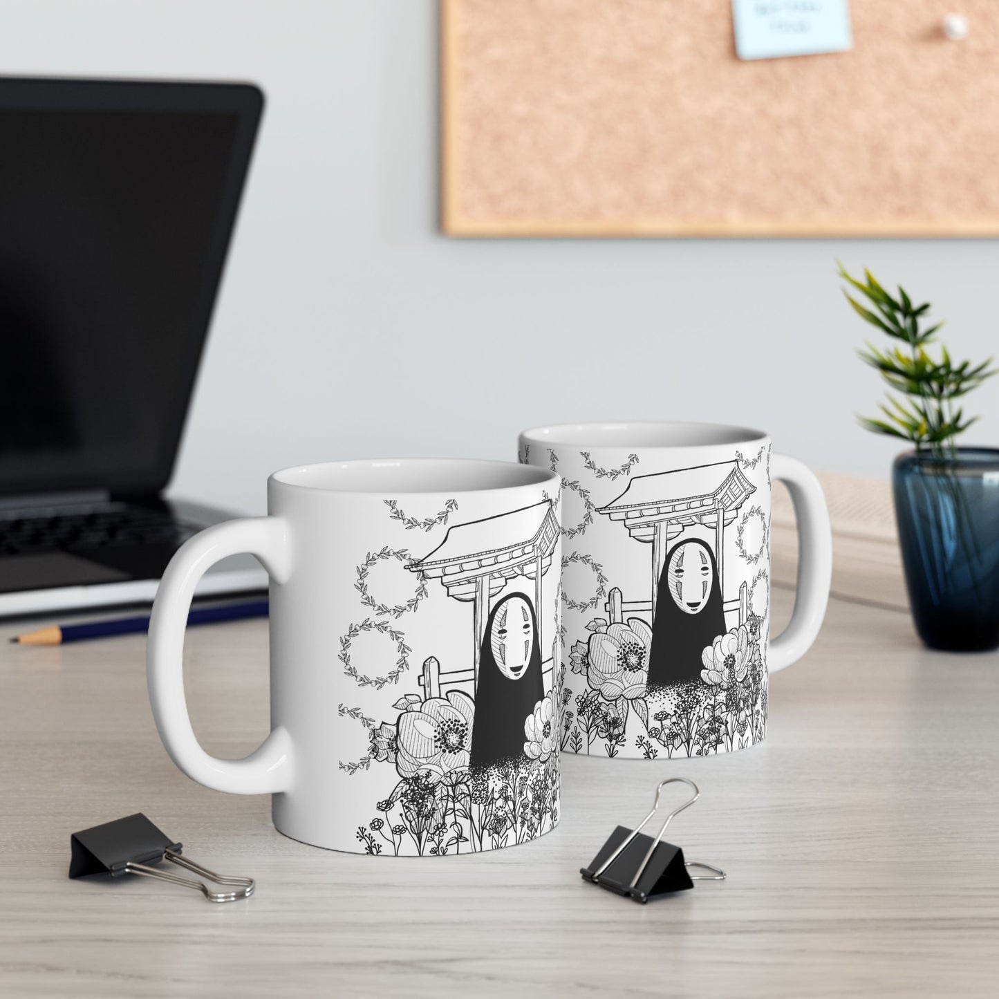 No Face Flowers Mug – Studio Ghibli Inspired Ceramic Cup – 11oz & 15oz Anime Coffee Mug Gift