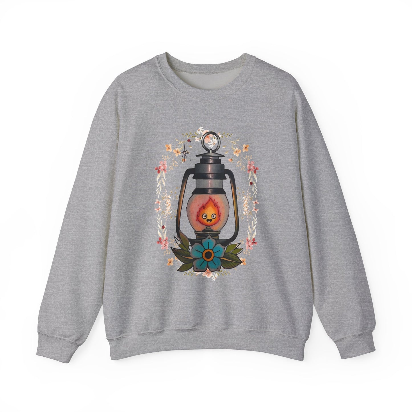 Calcifer Lamp Flowers Sweatshirt – Cozy 100% Cotton Howl’s Moving Castle Anime Pullover
