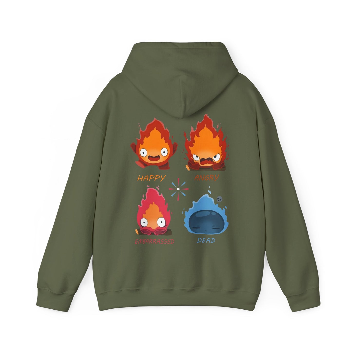 Funny Calcifer Faces Back Print Hoodie – 100% Cotton Anime Pullover | Howl’s Moving Castle Ghibli Style