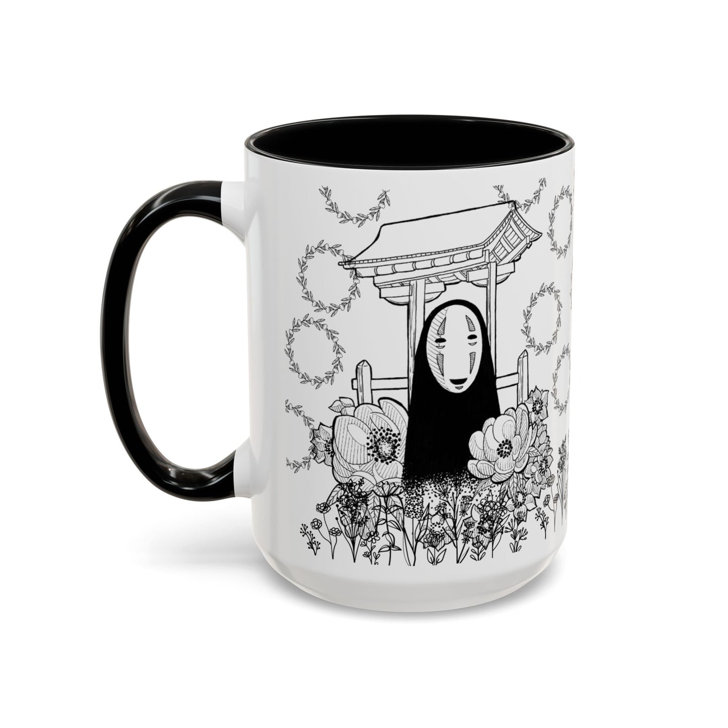 No Face Flowers Accent Mug – Studio Ghibli Inspired Coffee Cup – 11oz & 15oz Ceramic Anime Gift