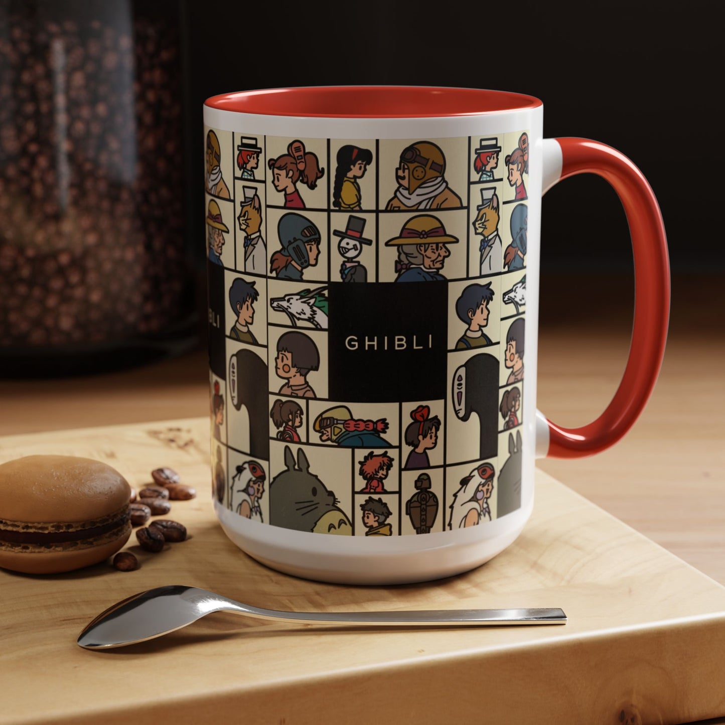 Studio Ghibli Characters Sketch Accent Mug – 11oz & 15oz Anime Coffee Cup with Color Handle
