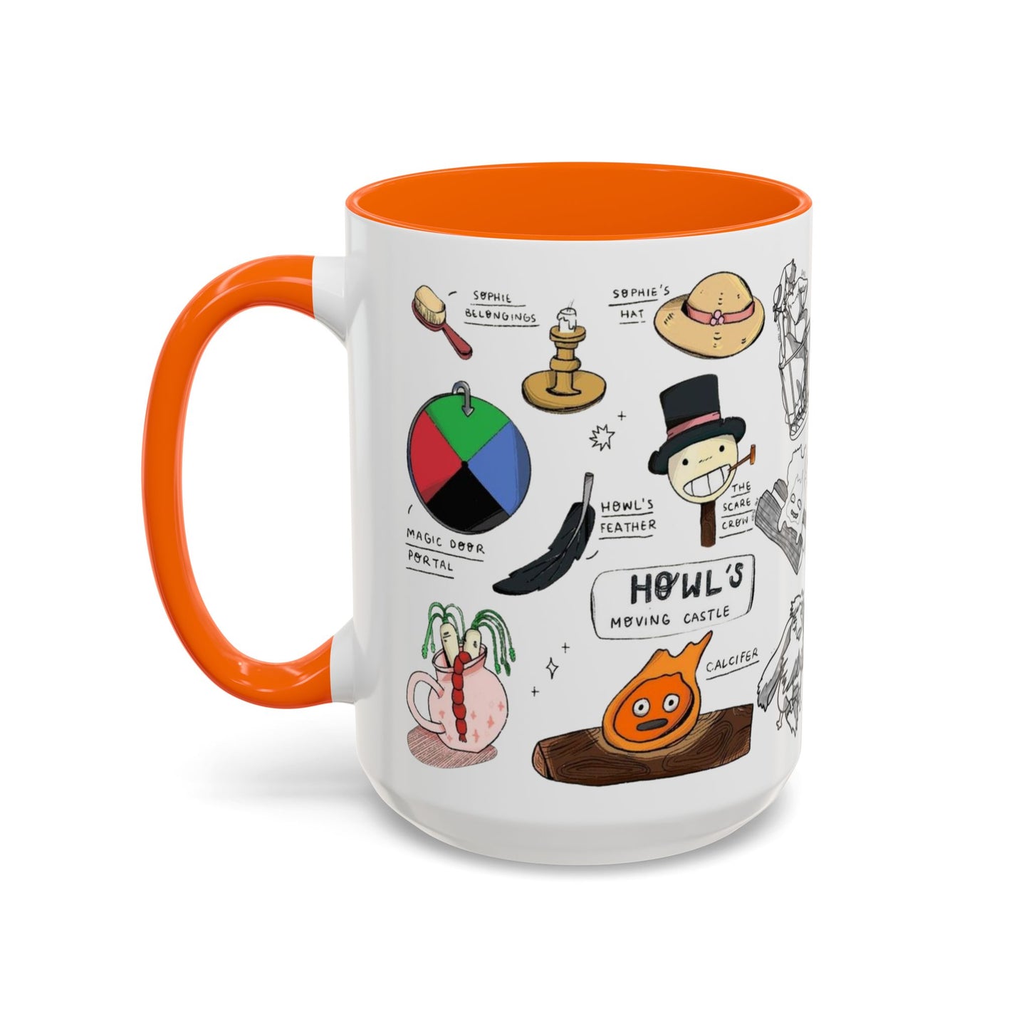 Howl’s Moving Castle Accent Mug – Ghibli Collage Color Handle Cup 11oz & 15oz – Anime Coffee Mug Featuring Howl & Calcifer