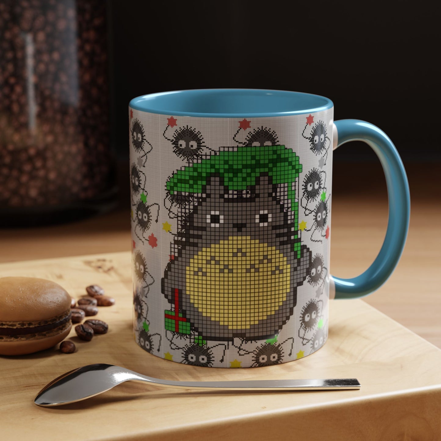 Totoro & Soot Sprites Accent Mug – Color Handle Studio Ghibli Cup – 11oz & 15oz Ceramic Anime Coffee Gift