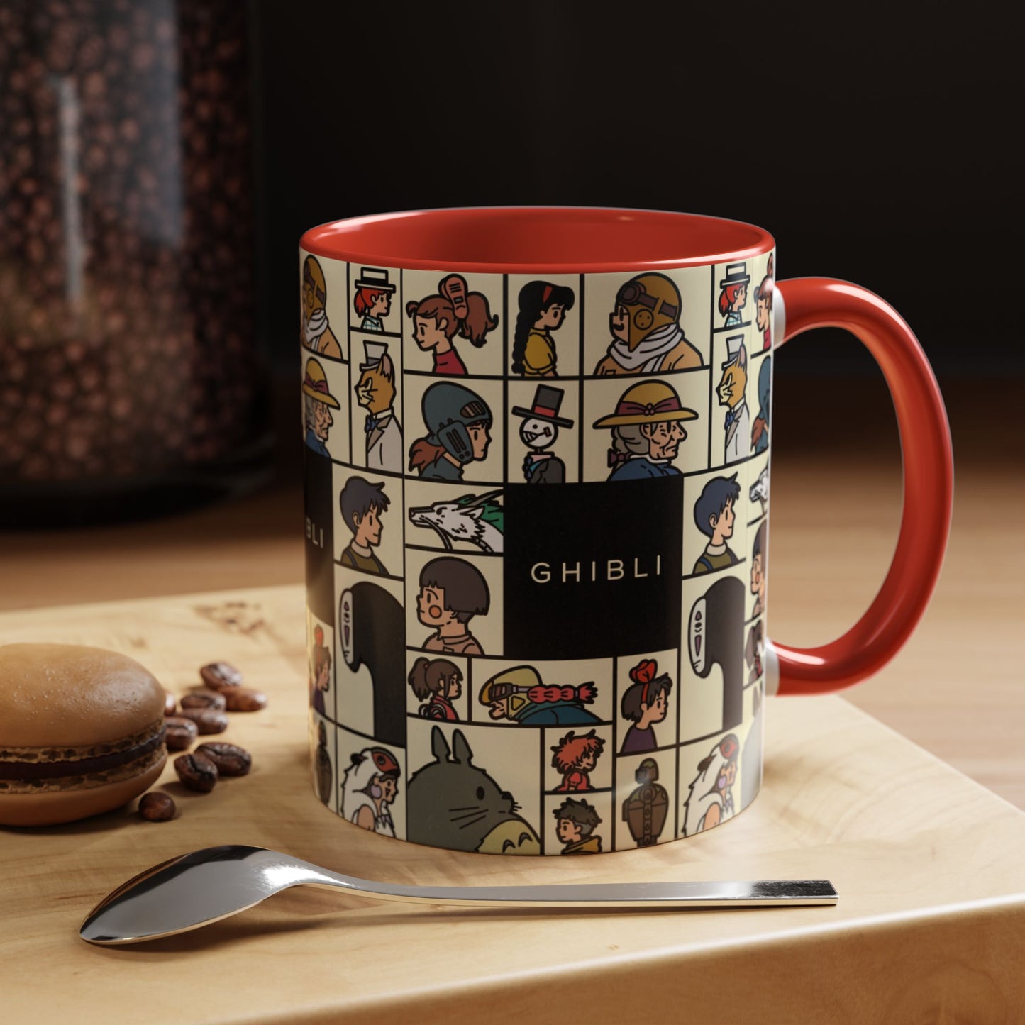 Studio Ghibli Characters Sketch Accent Mug – 11oz & 15oz Anime Coffee Cup with Color Handle