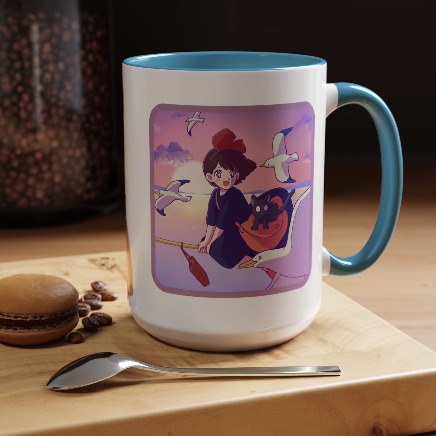 Jiji Funny Accent Mug – Kiki’s Delivery Service Color Handle Cup 11oz & 15oz – Cute Ghibli Cat Anime Gift