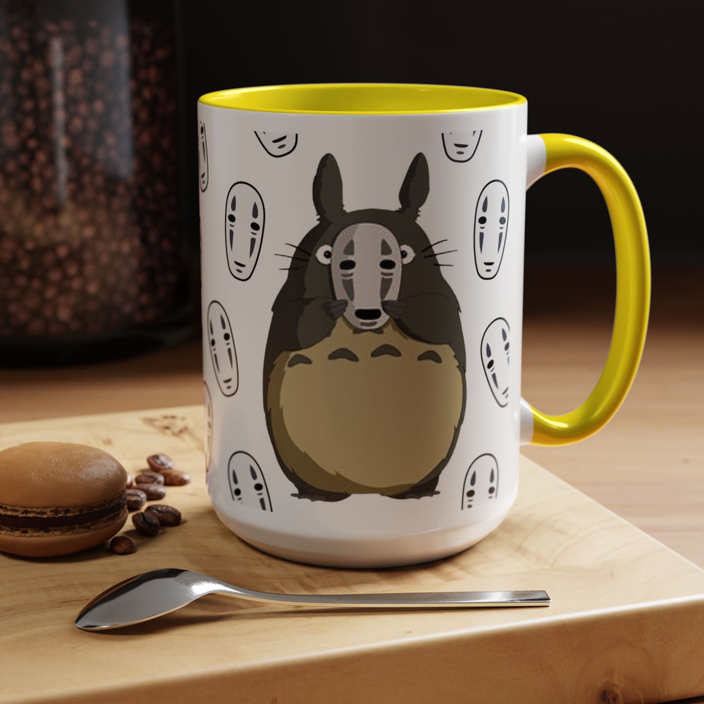 Totoro No Face Mask Accent Mug – Studio Ghibli Color Handle Cup 11oz & 15oz – Cute Anime Crossover Coffee Gift