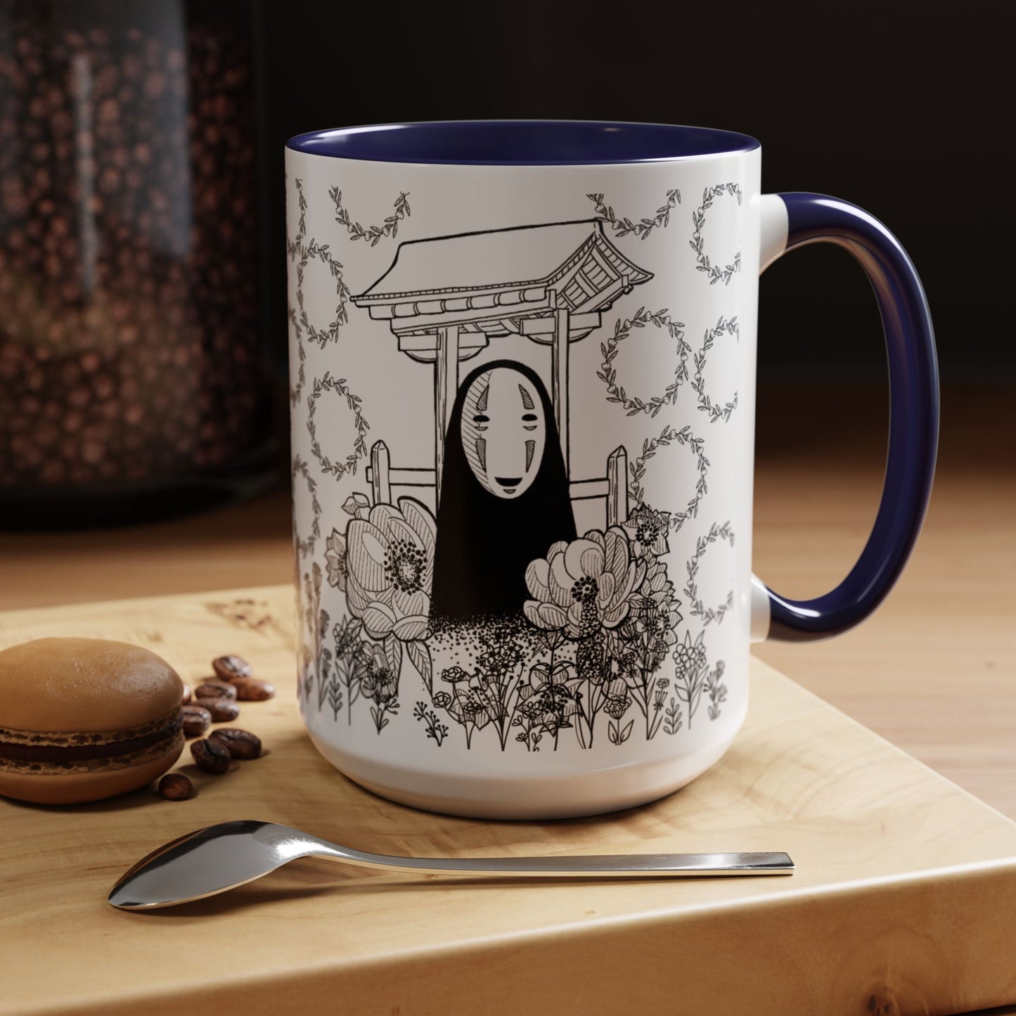No Face Flowers Accent Mug – Studio Ghibli Inspired Coffee Cup – 11oz & 15oz Ceramic Anime Gift