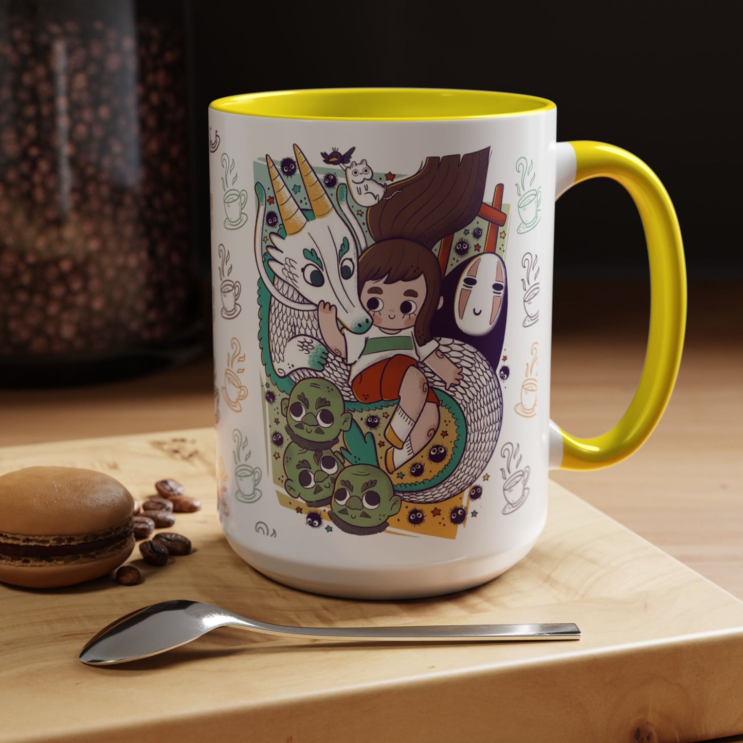 Spirited Away Accent Mug – Color Handle Anime Cup 11oz & 15oz – Studio Ghibli Coffee Mug Featuring Chihiro & No Face