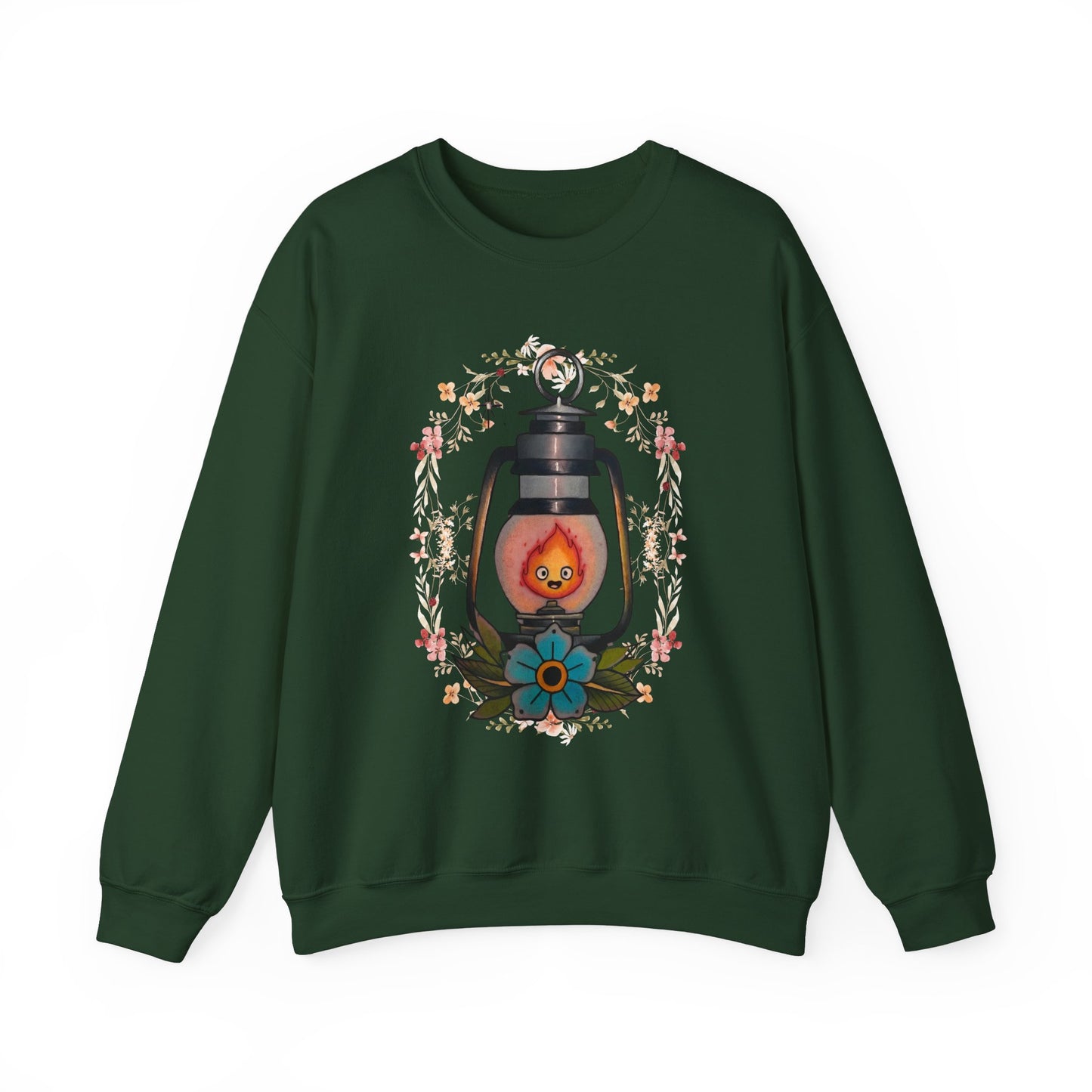 Calcifer Lamp Flowers Sweatshirt – Cozy 100% Cotton Howl’s Moving Castle Anime Pullover