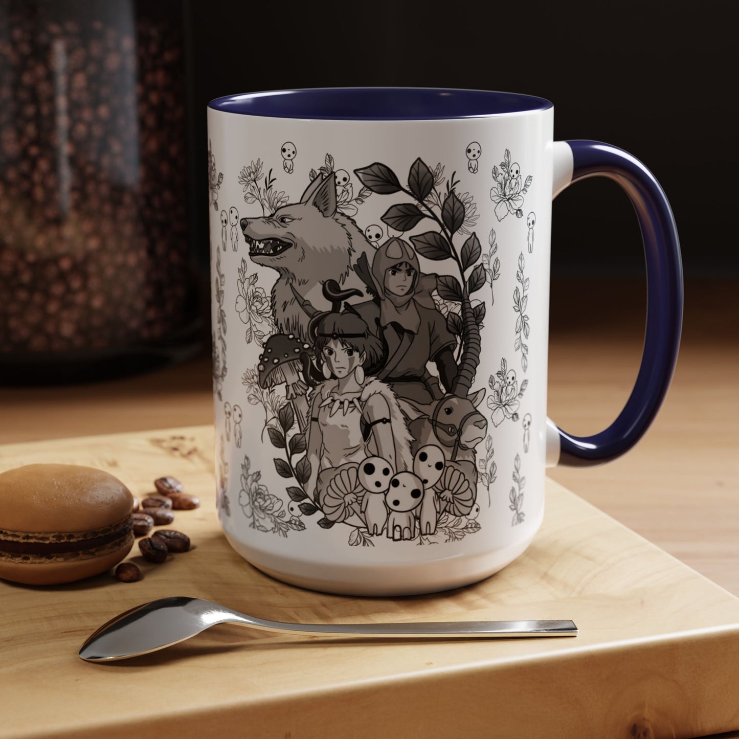 Princess Mononoke Black and White Accent Mug – Studio Ghibli Coffee Cup with Colored Handle – 11oz & 15oz Ceramic Anime Gift